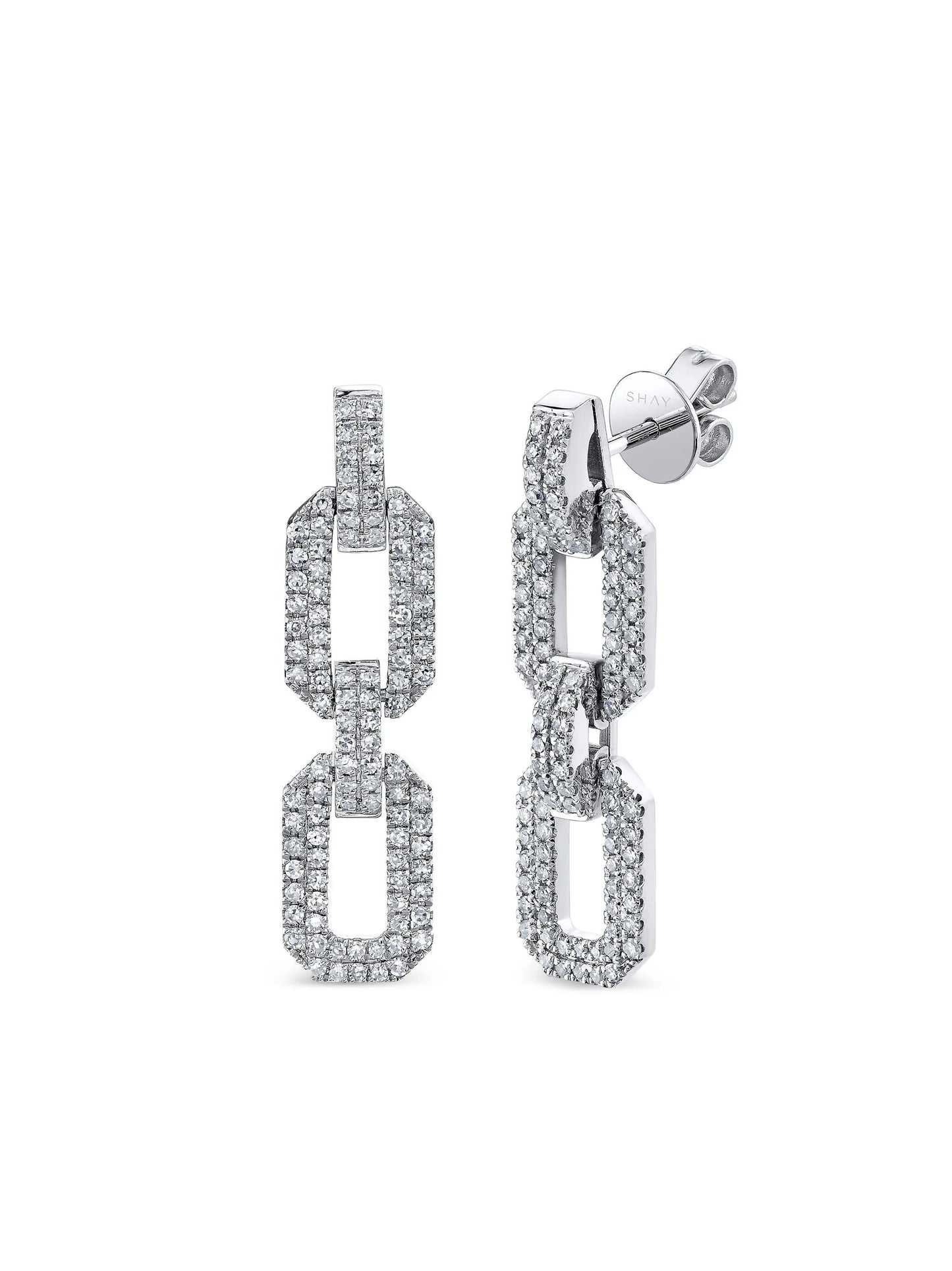 18CT white gold flat geo link diamond earrings