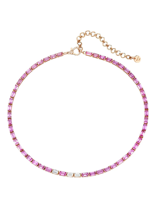 18CT rose gold pink sapphire and diamond tennis necklace