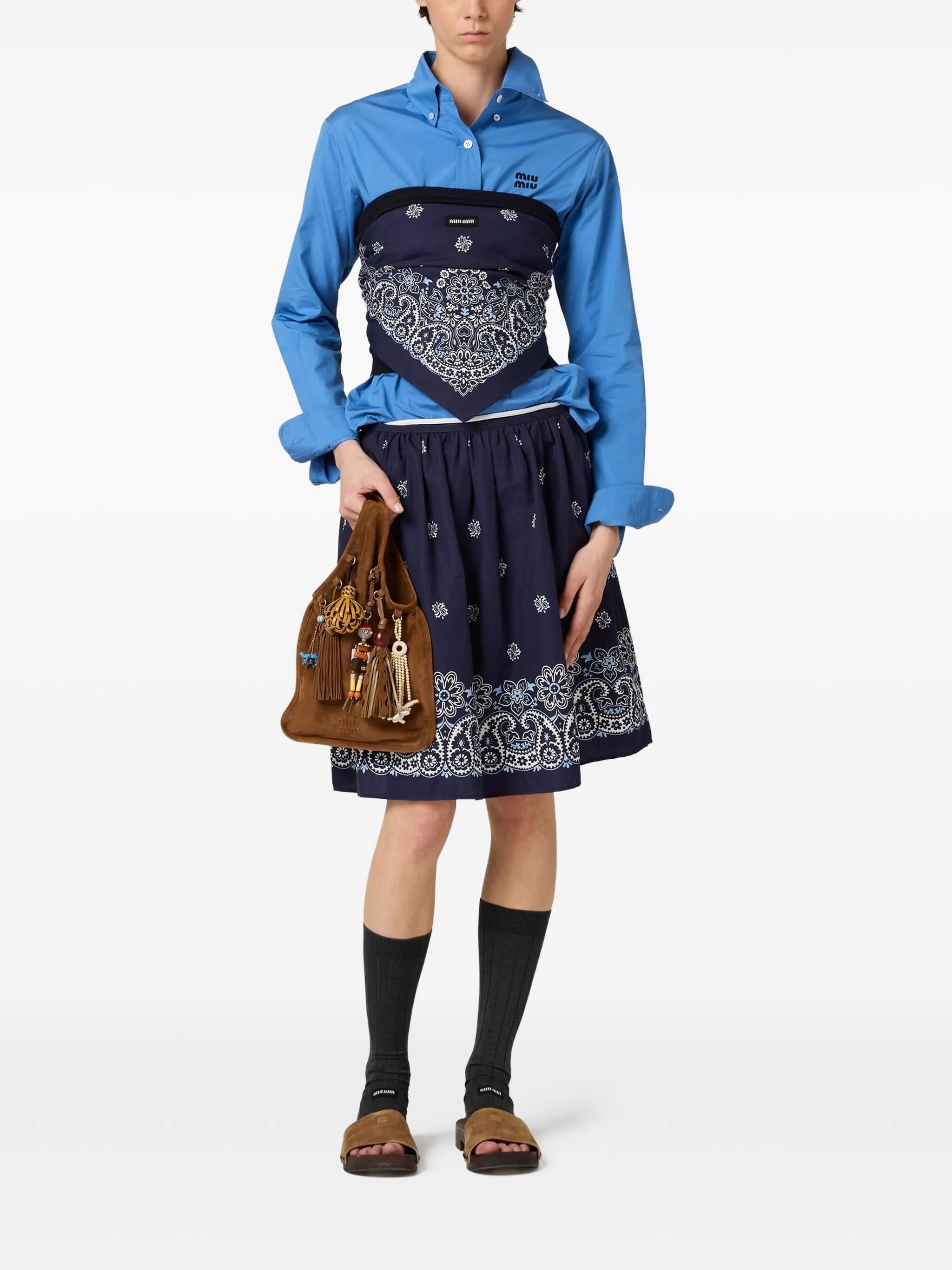 Cornflower slubbed poplin midi skirt