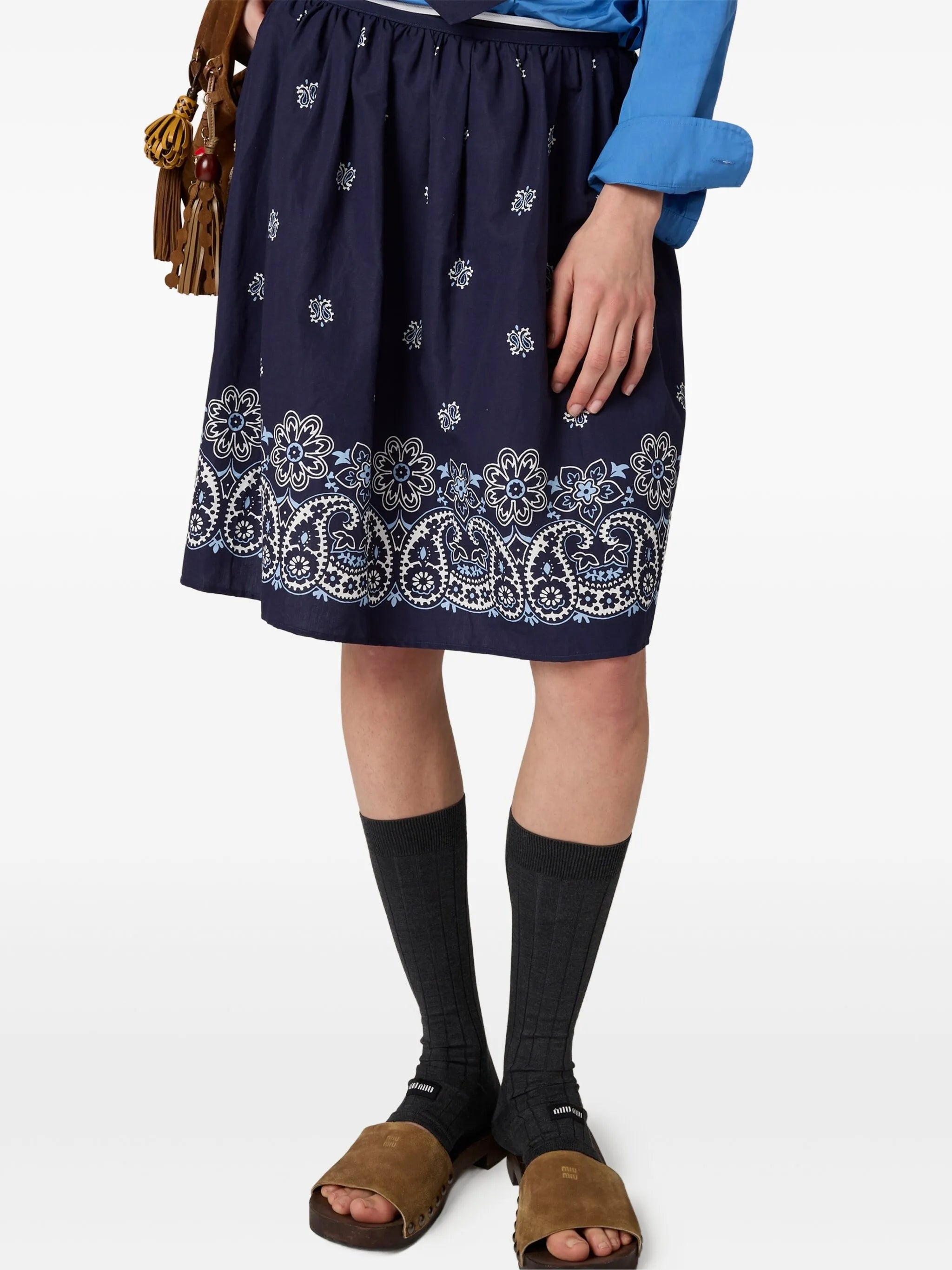 Cornflower slubbed poplin midi skirt