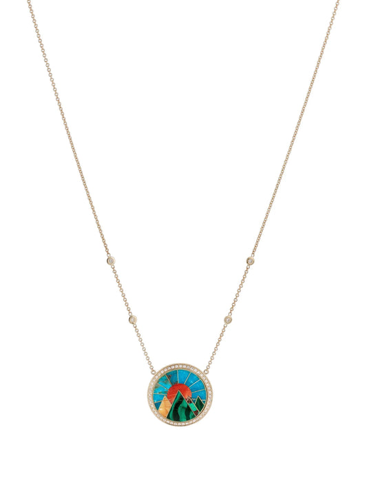 14CT yellow gold small Mountain Scenic Inlay diamond necklace