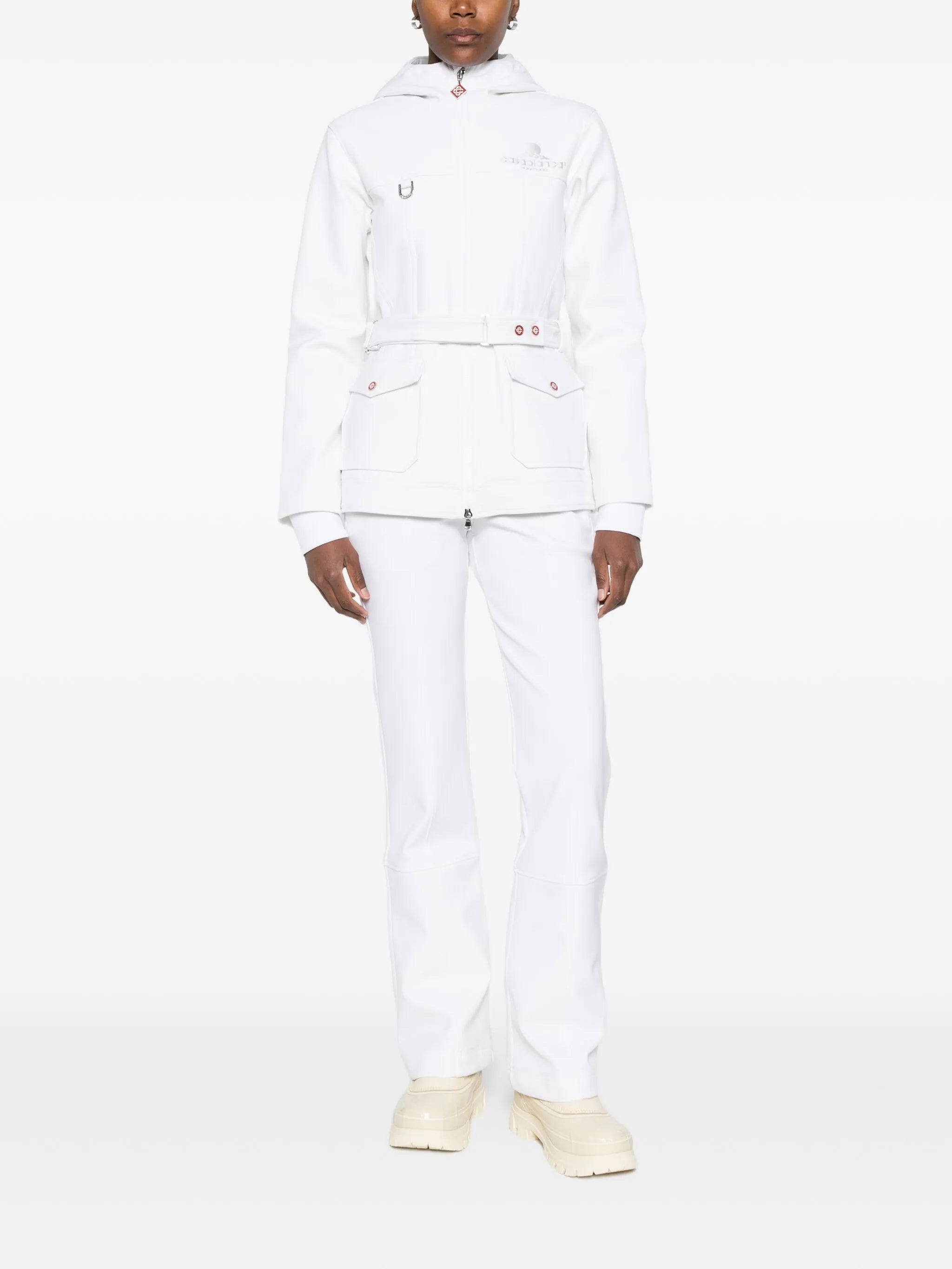 hooded belted ski jacket