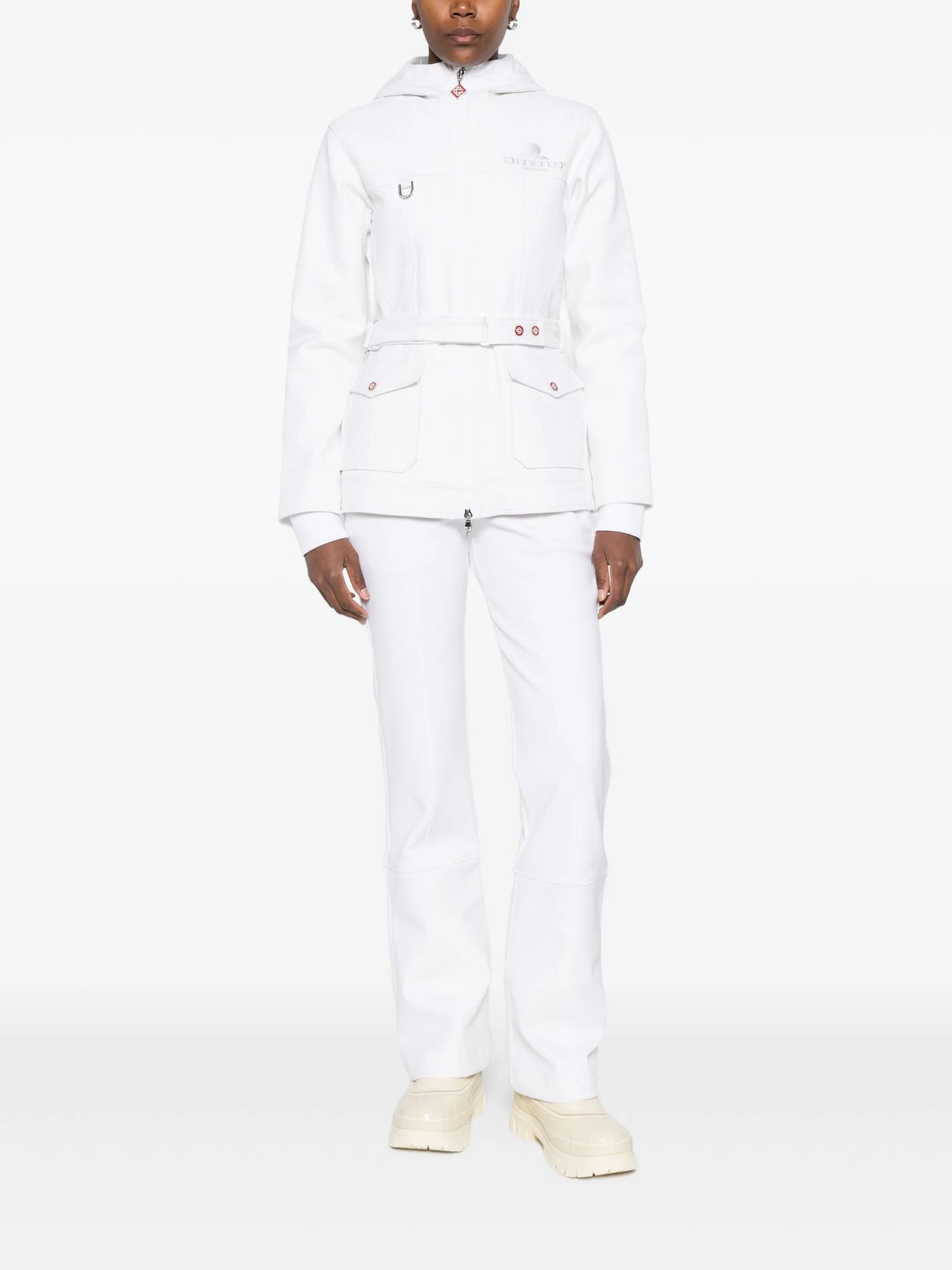 hooded belted ski jacket