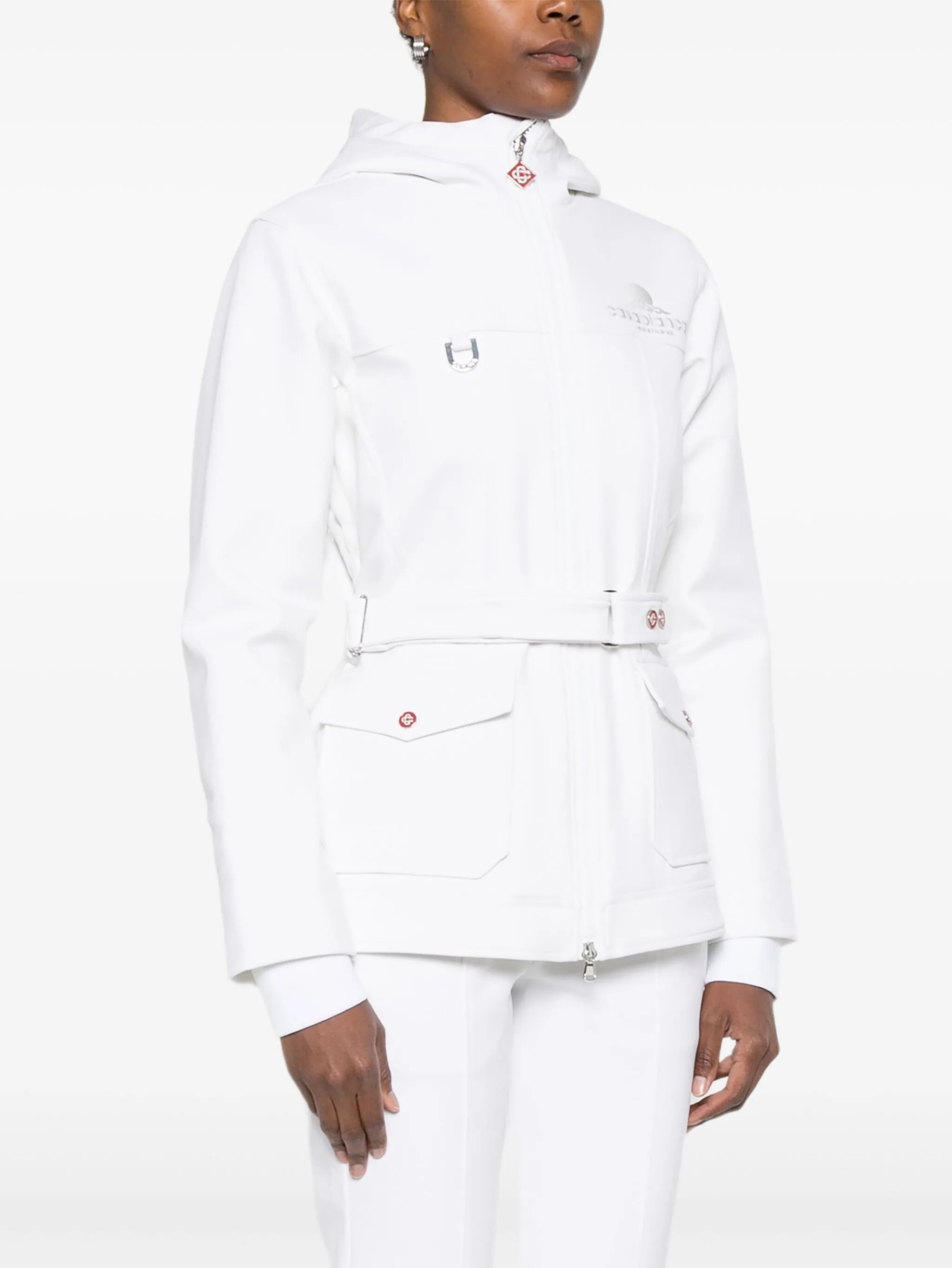 hooded belted ski jacket