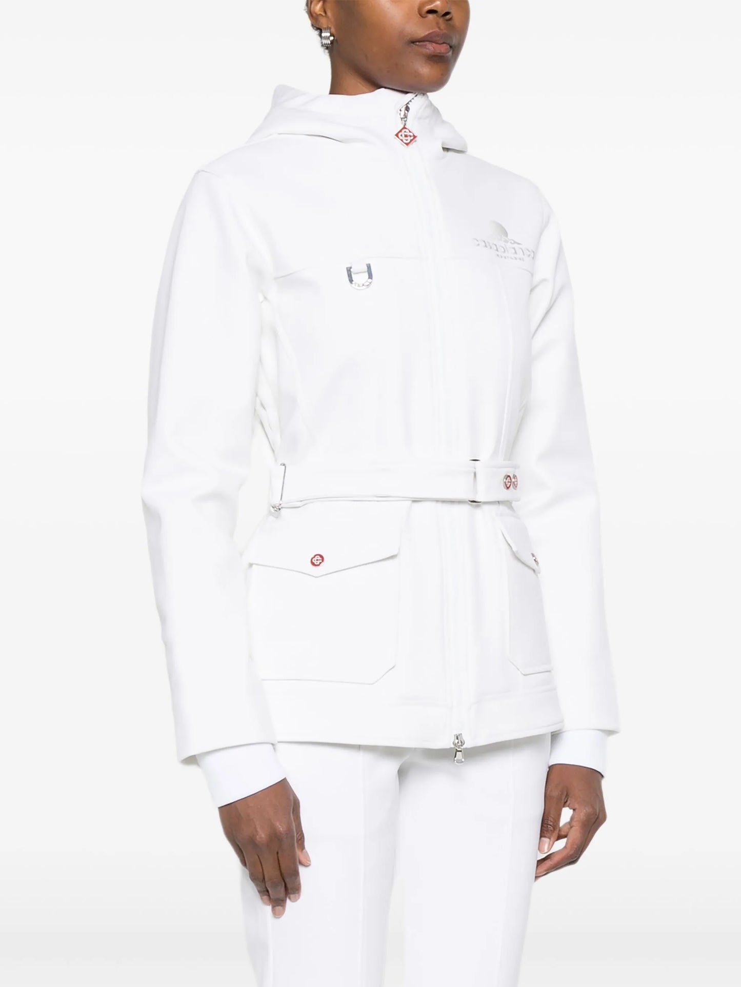 hooded belted ski jacket