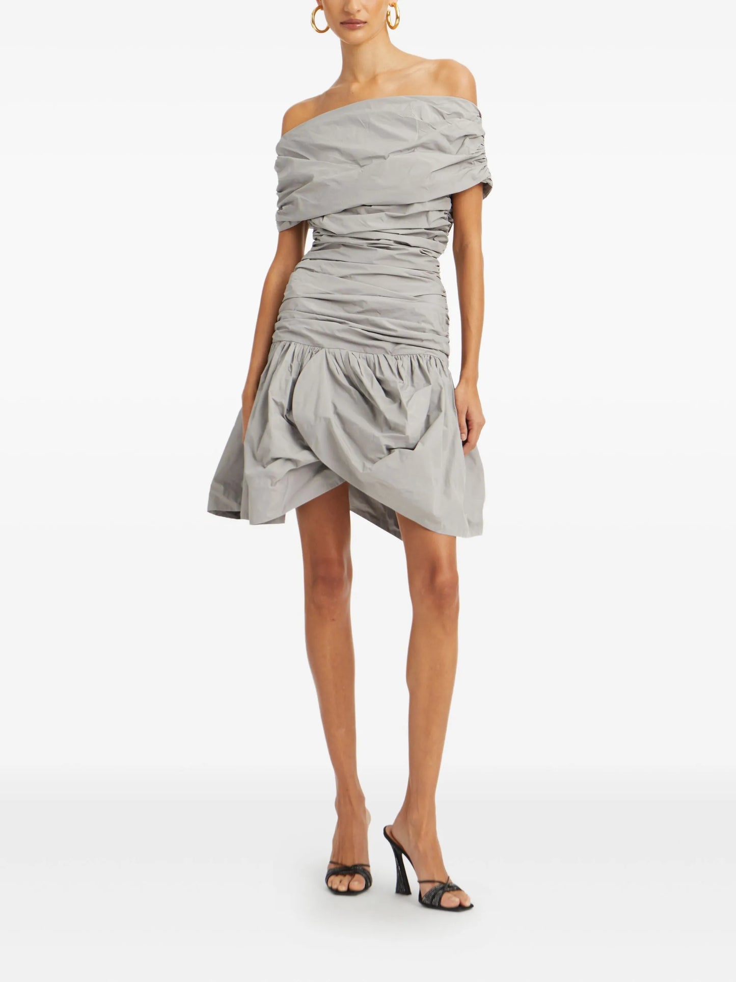 off-the-shoulder ruched mini dress