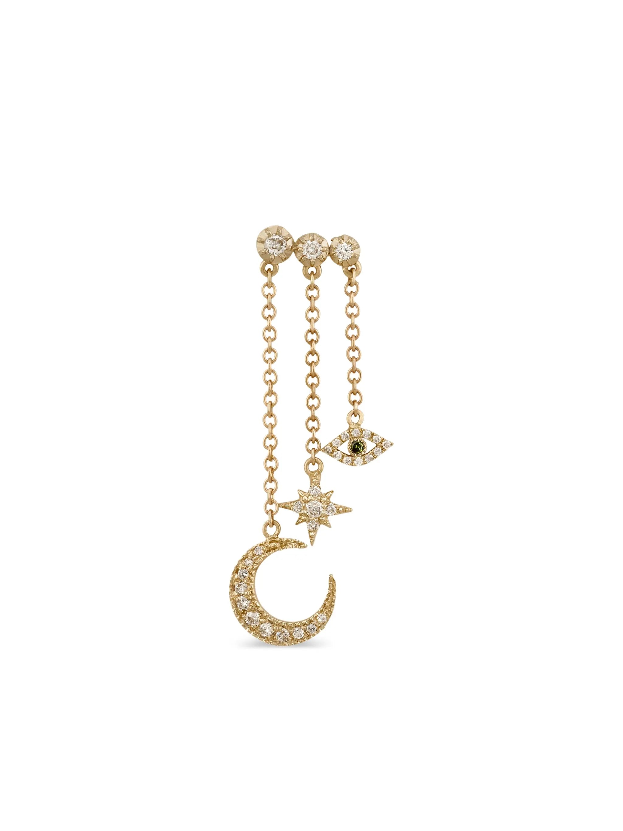 14CT yellow gold Crescent Moon Star diamond earring