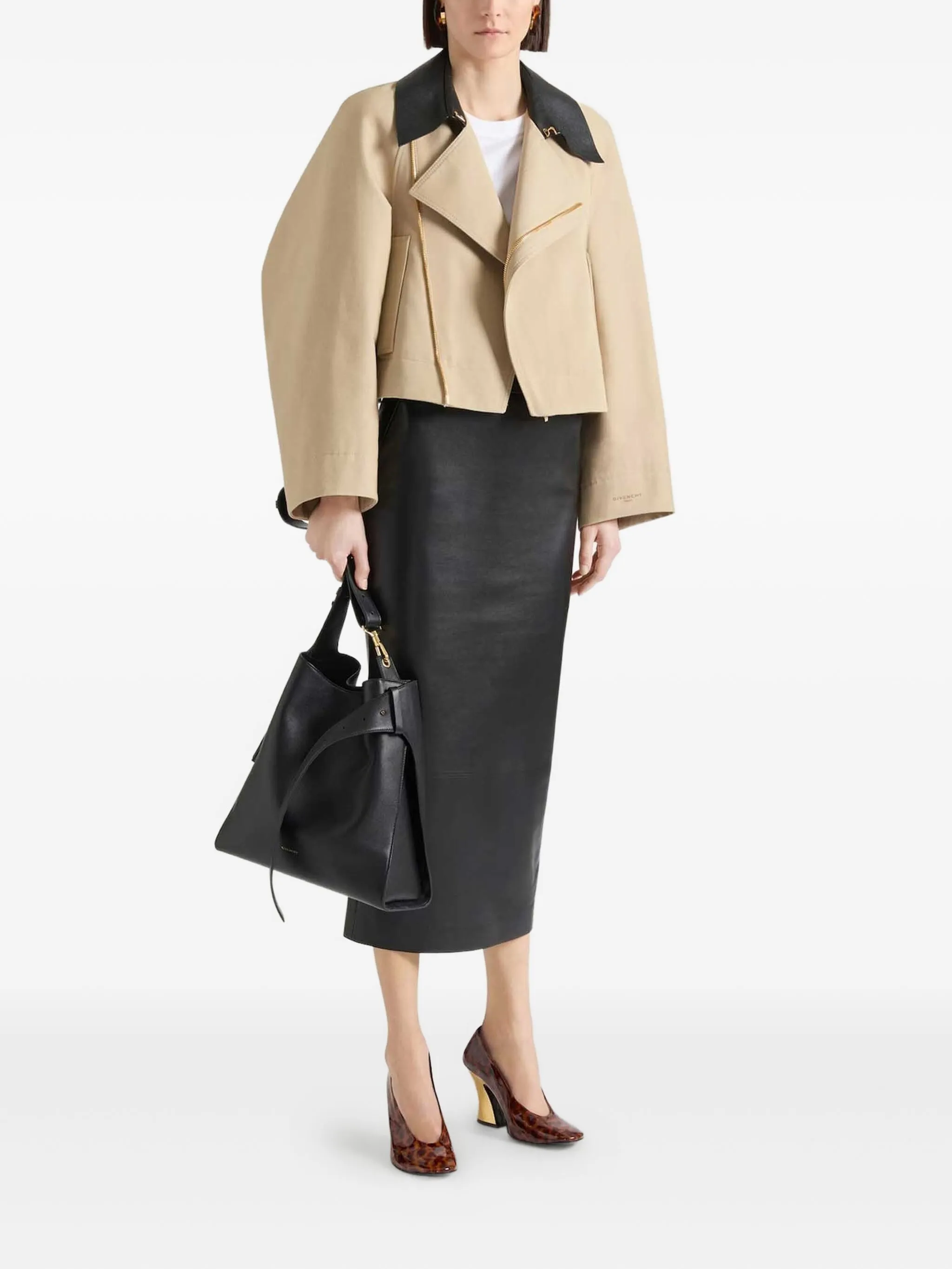 cropped peacoat with leather collar in cotton and wool
