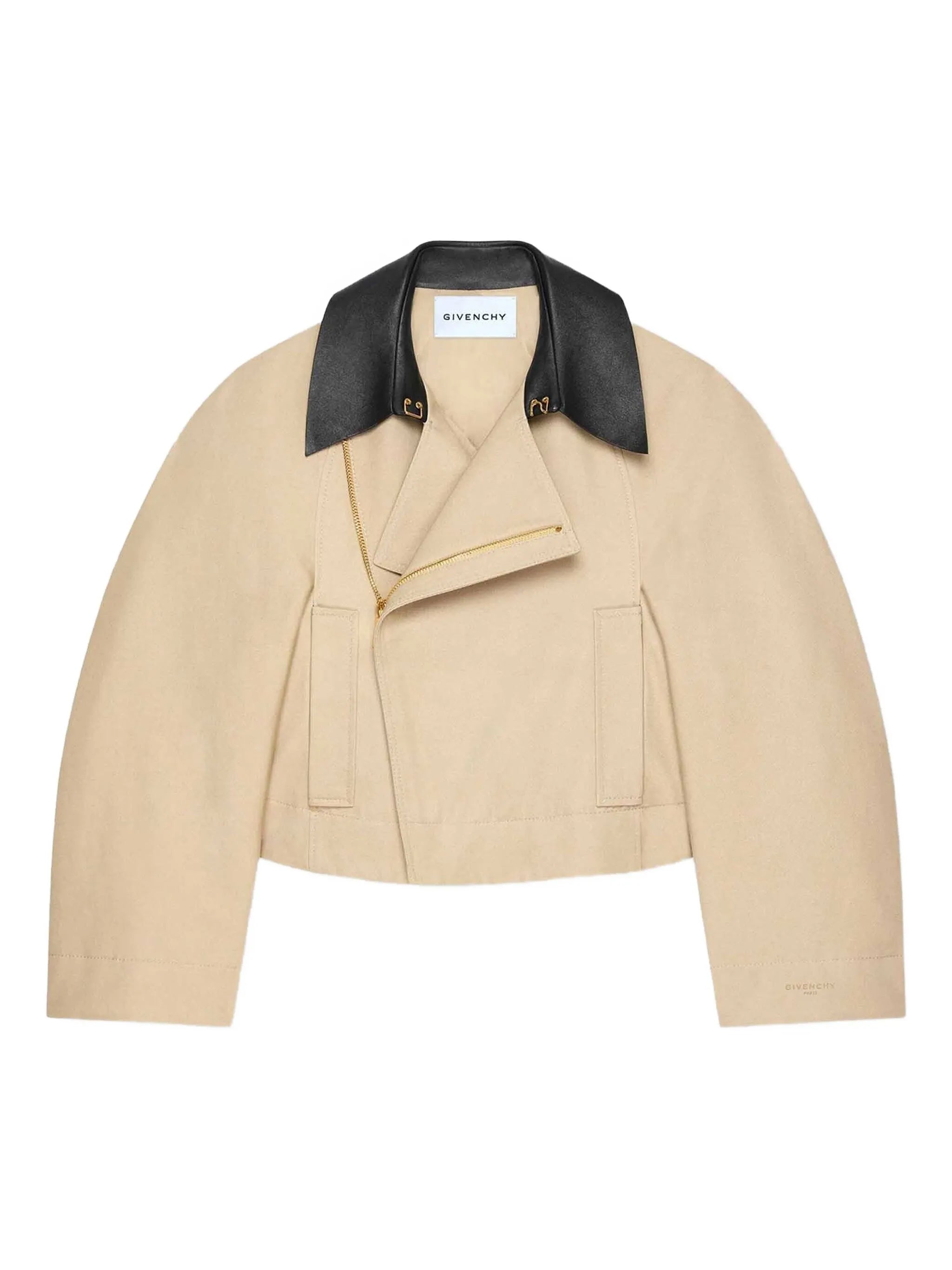 cropped peacoat with leather collar in cotton and wool