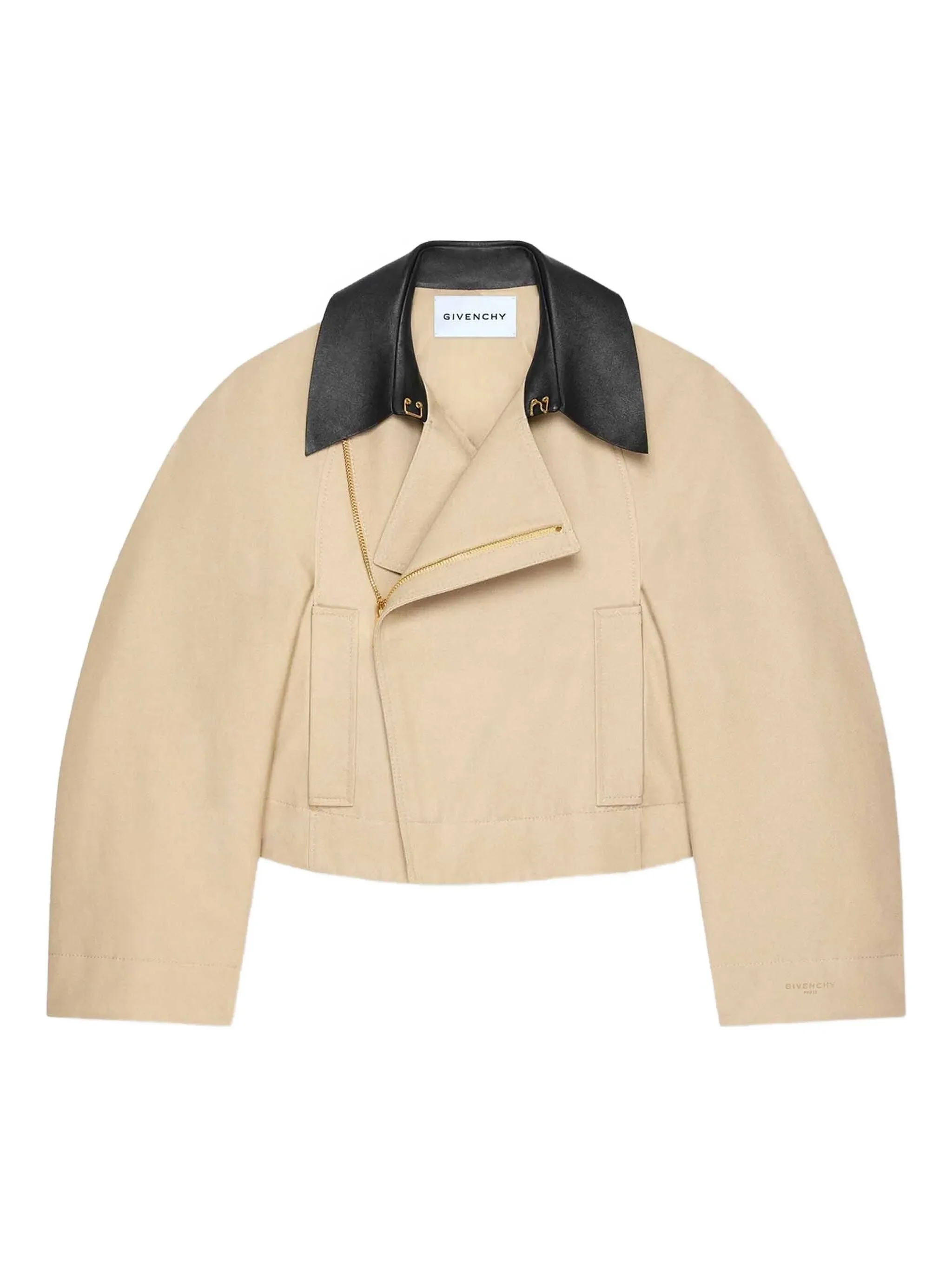cropped peacoat with leather collar in cotton and wool