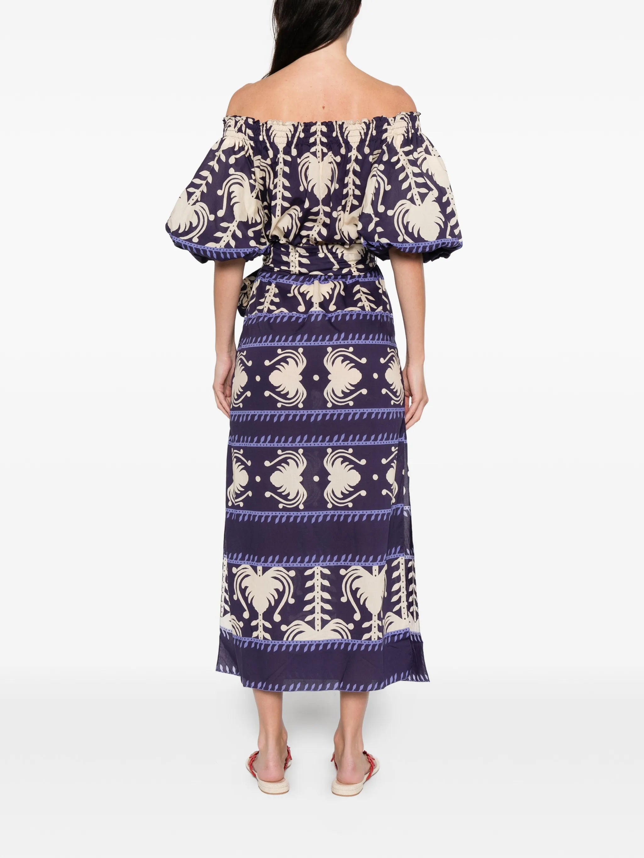 off-shoulder patterned midi dress
