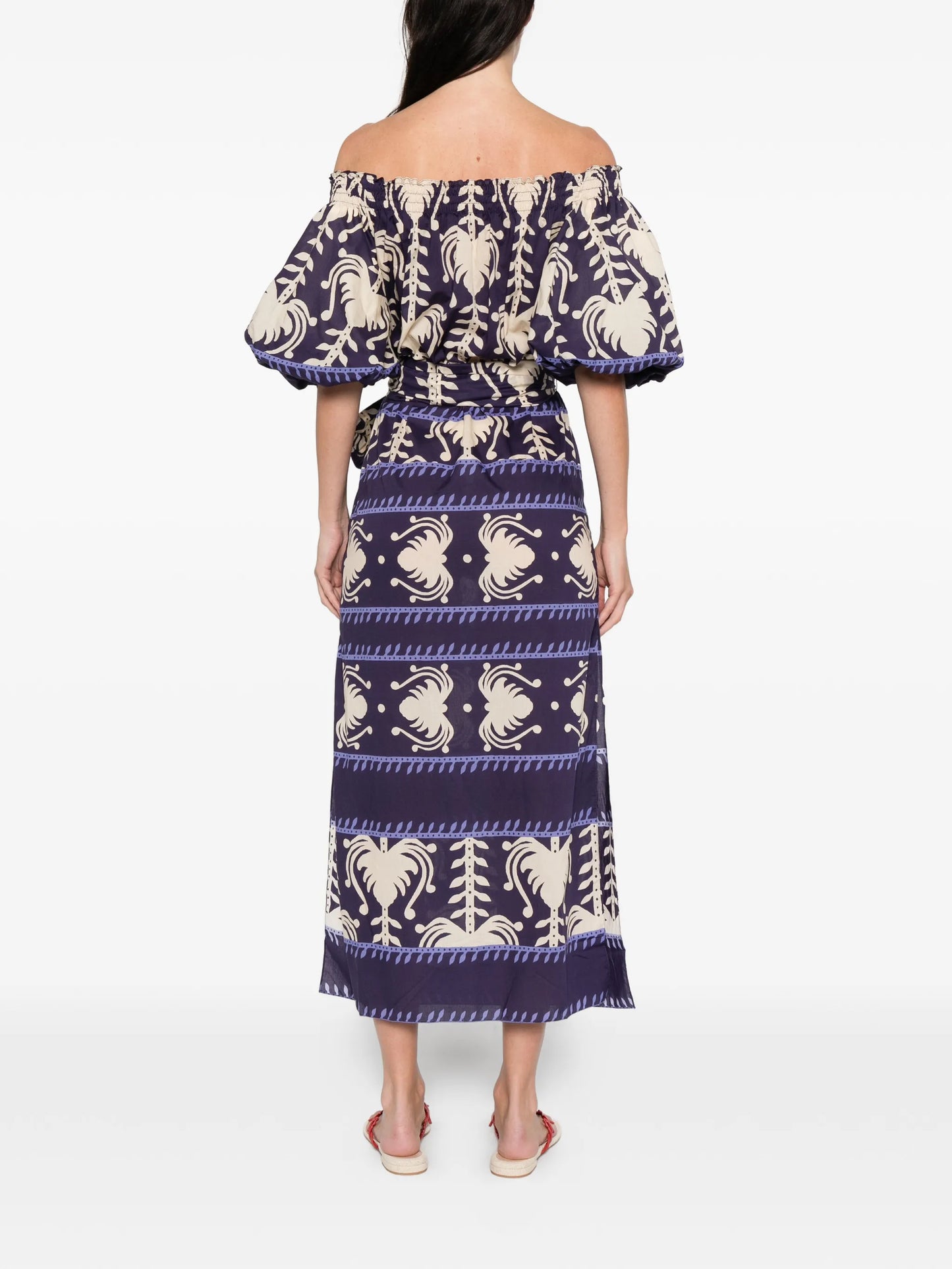 off-shoulder patterned midi dress