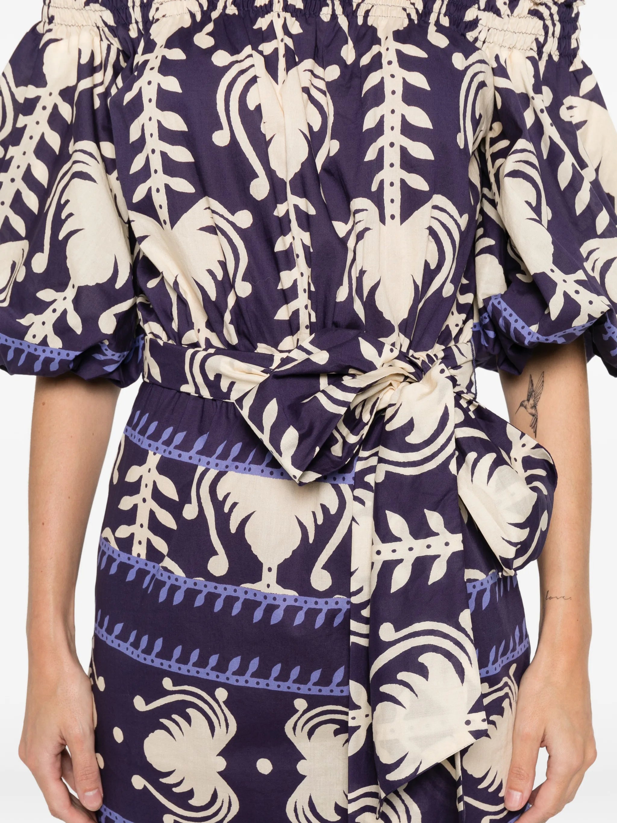 off-shoulder patterned midi dress