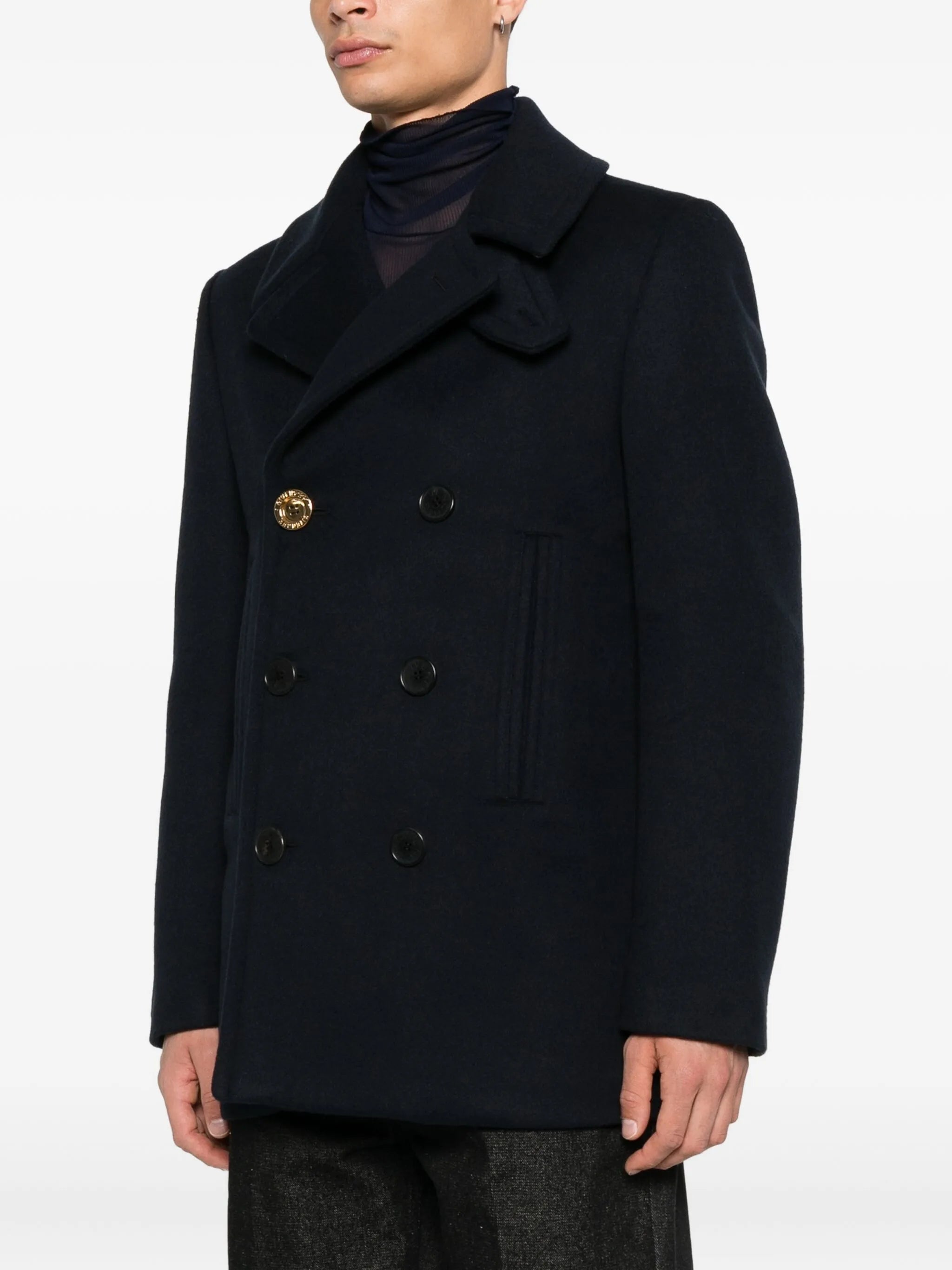 double-breasted gold-button peacoat