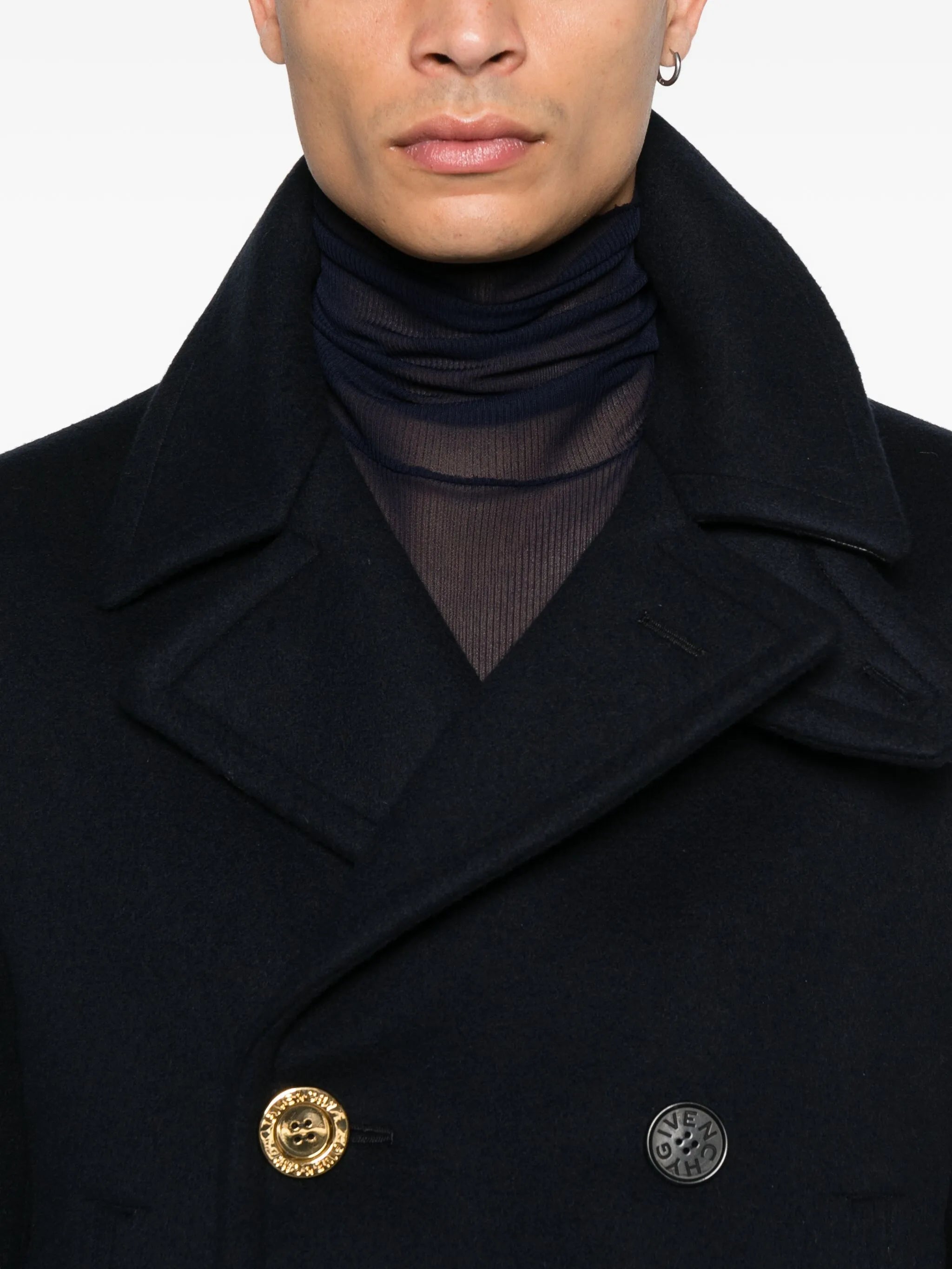 double-breasted gold-button peacoat