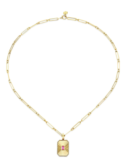 18CT yellow gold deco pendant pink sapphire necklace