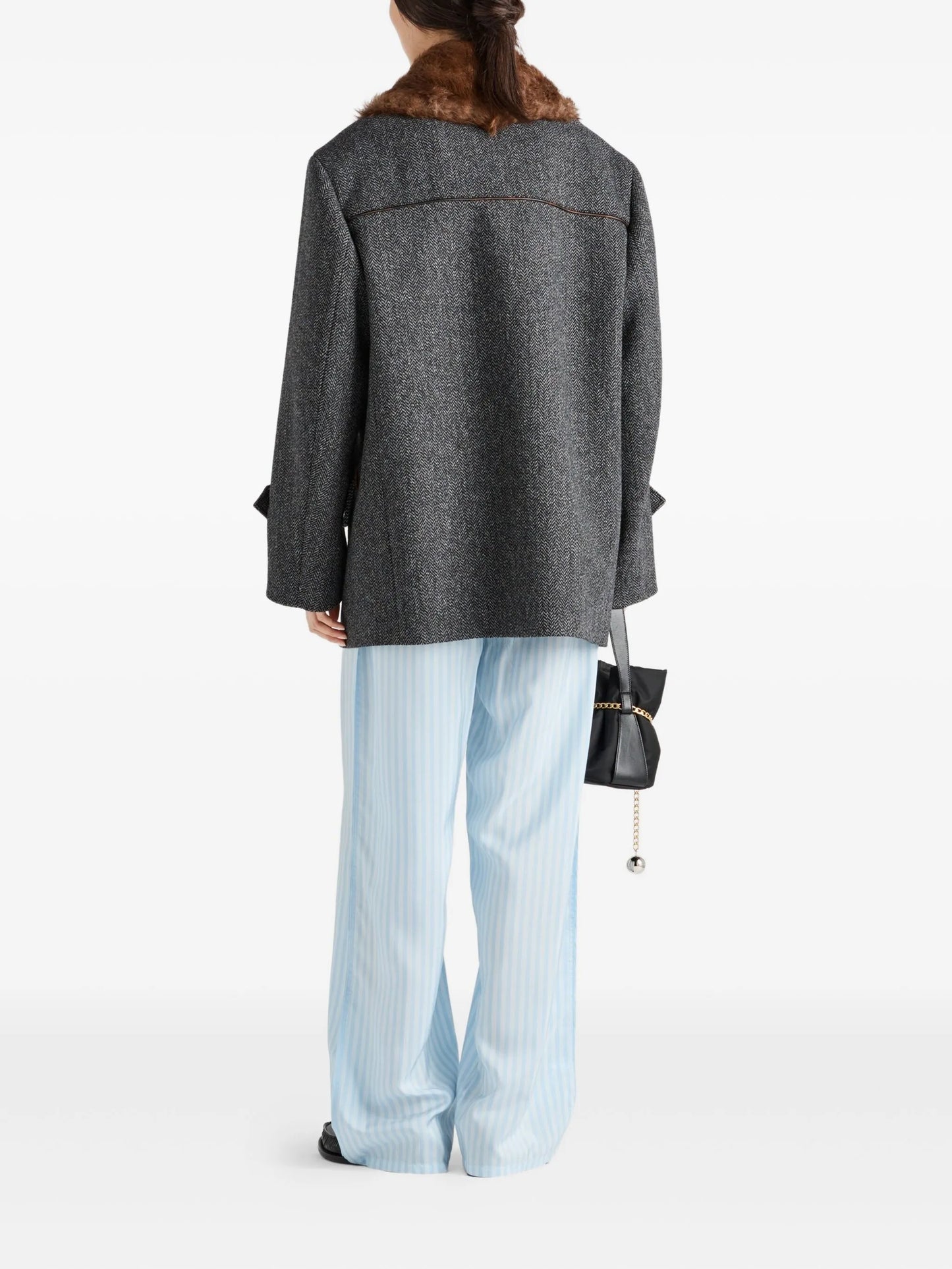 herringbone shearling-collar coat