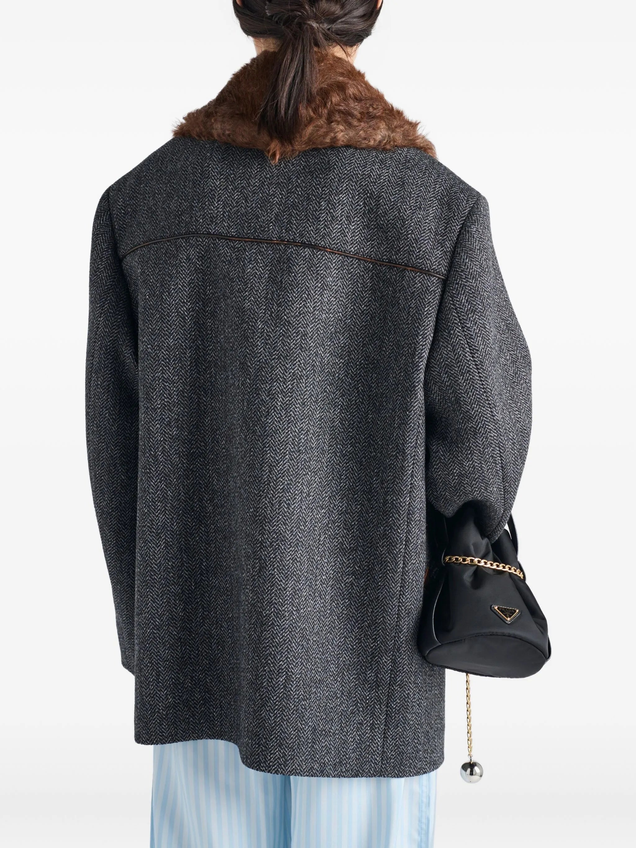 herringbone shearling-collar coat