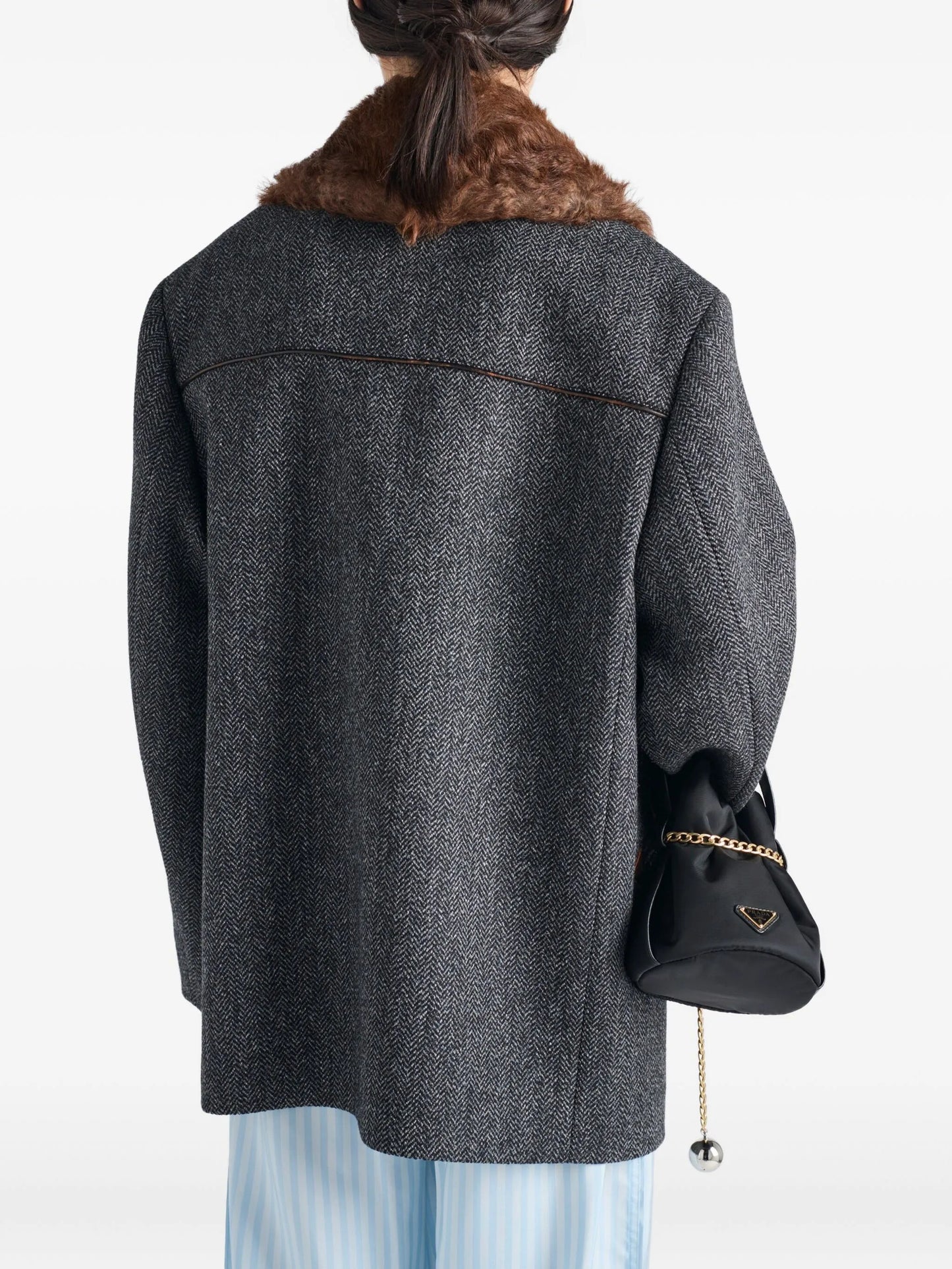 herringbone shearling-collar coat