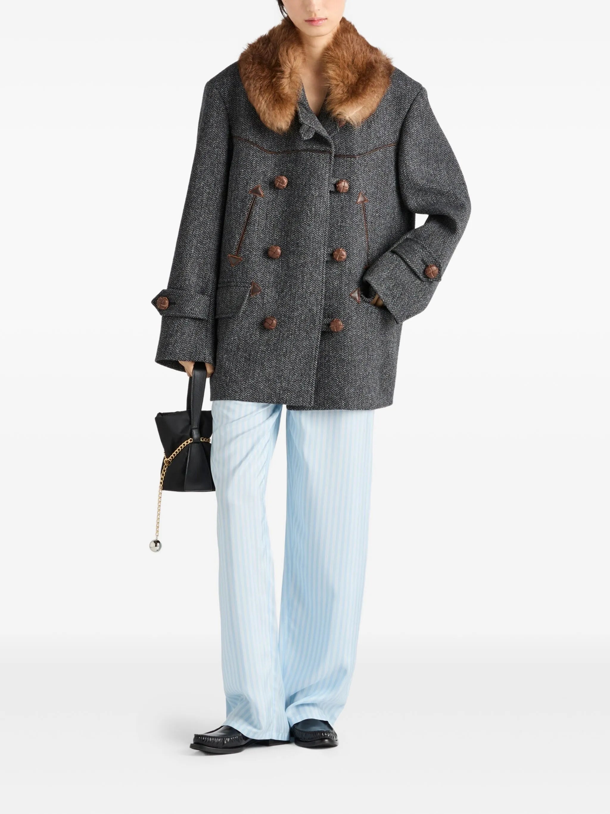 herringbone shearling-collar coat