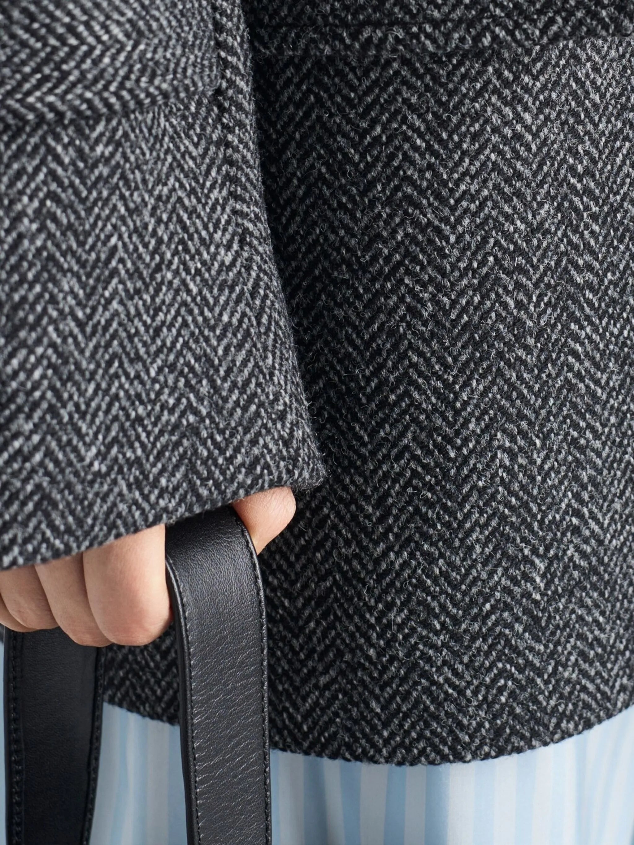 herringbone shearling-collar coat