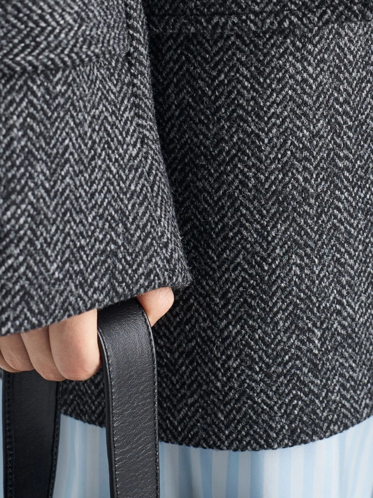 herringbone shearling-collar coat