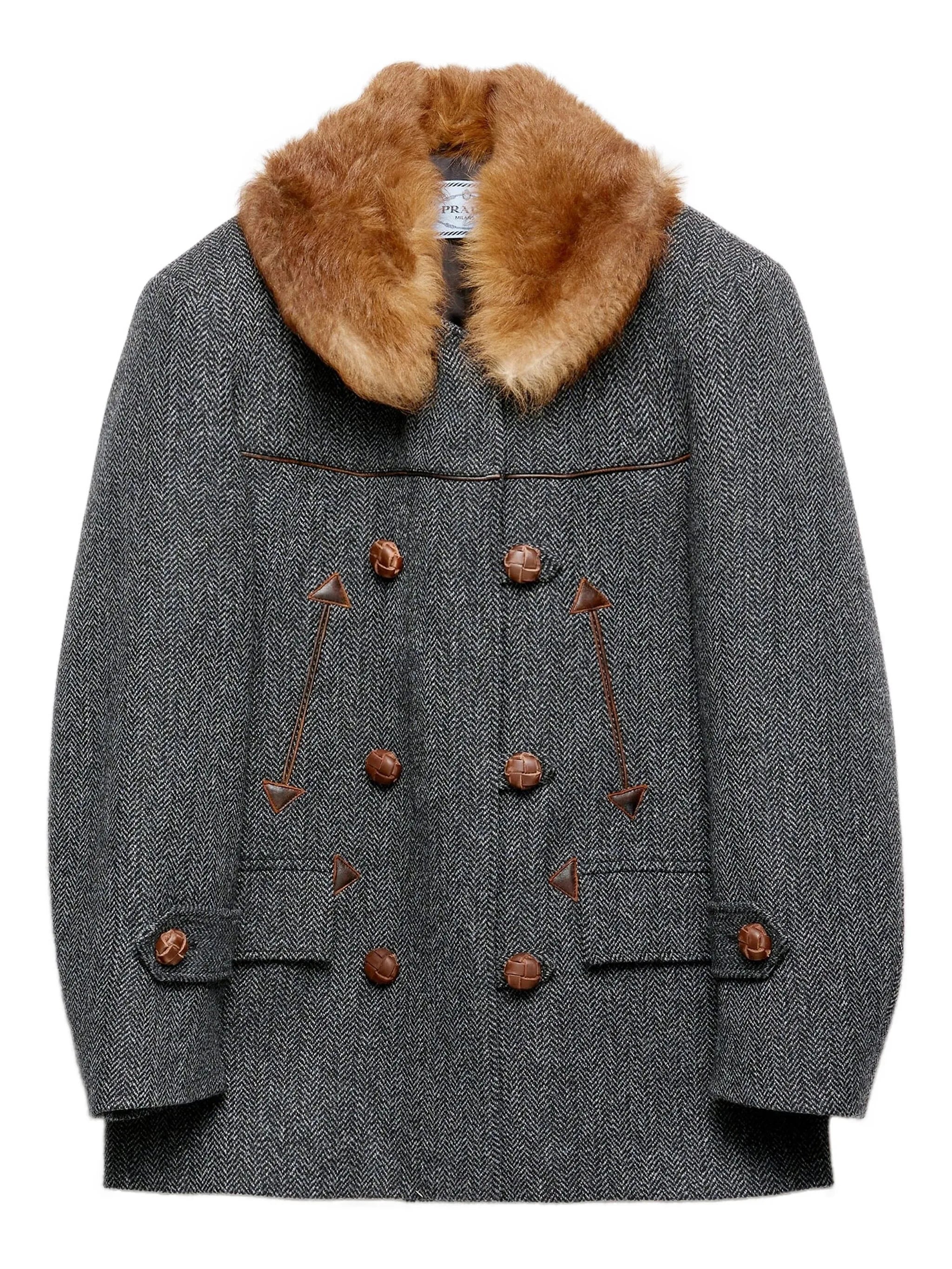 herringbone shearling-collar coat
