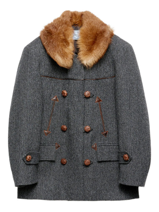 herringbone shearling-collar coat