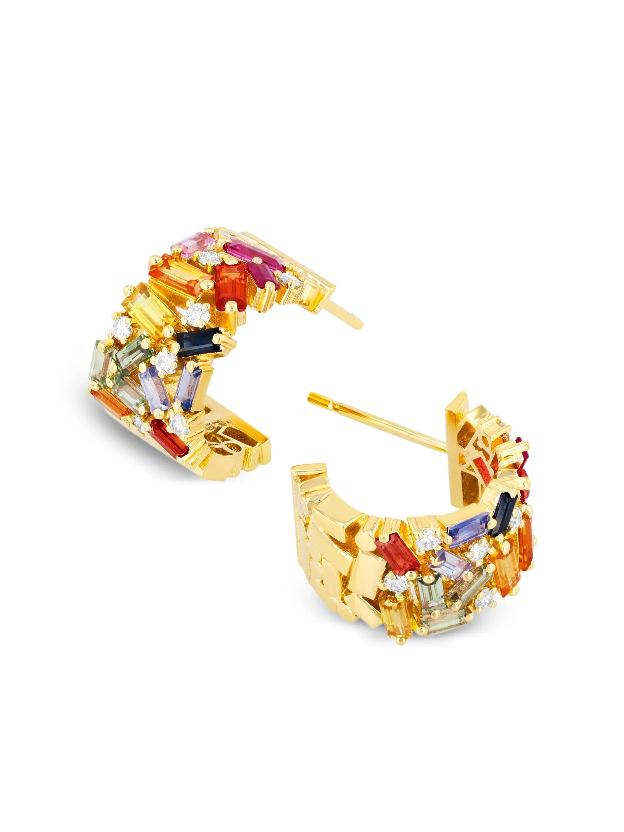 18CT yellow gold Frenzy rainbow sapphire mini hoops
