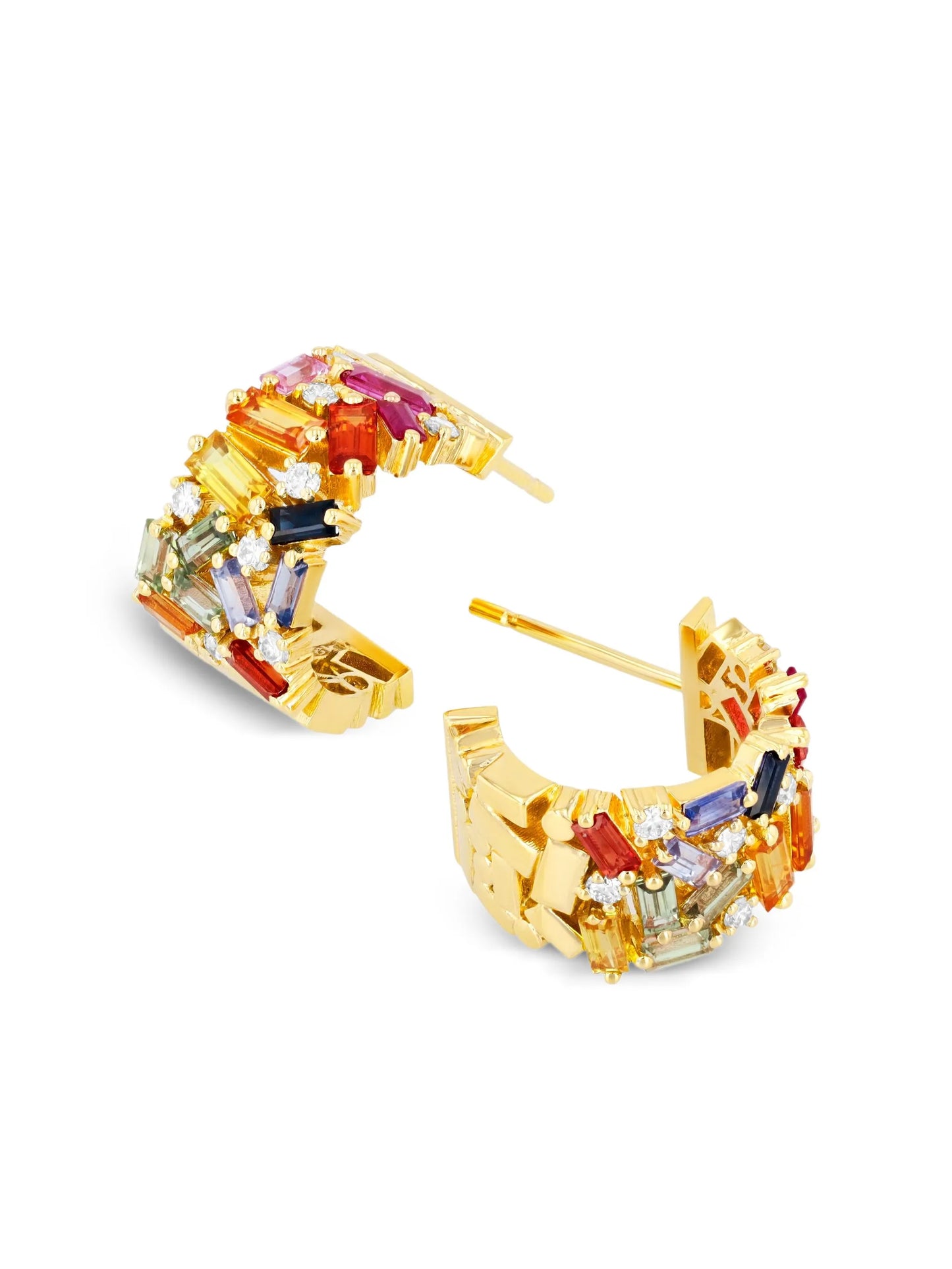 18CT yellow gold Frenzy rainbow sapphire mini hoops