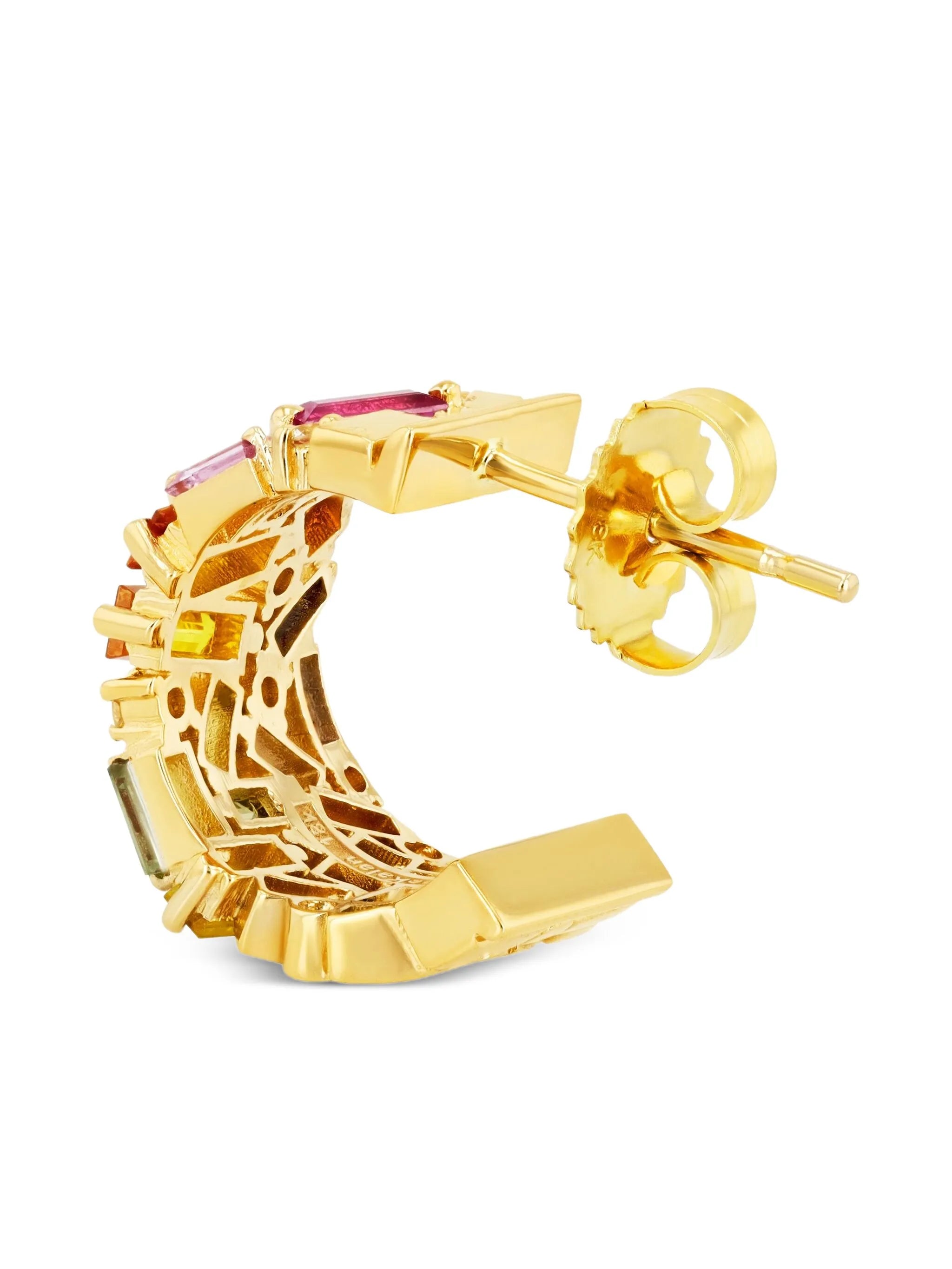 18CT yellow gold Frenzy rainbow sapphire mini hoops
