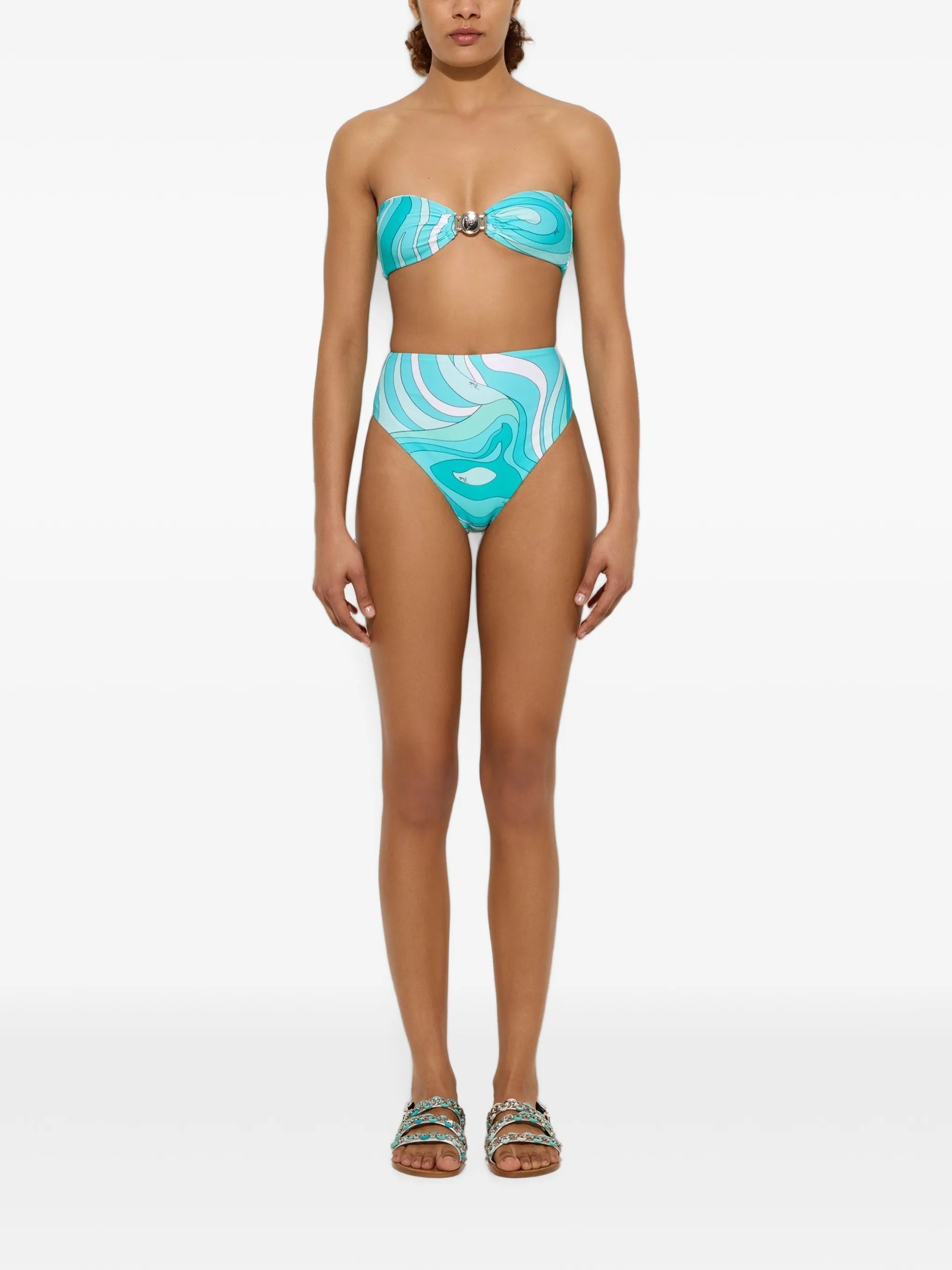 Marmo-print high-waist bikini bottom