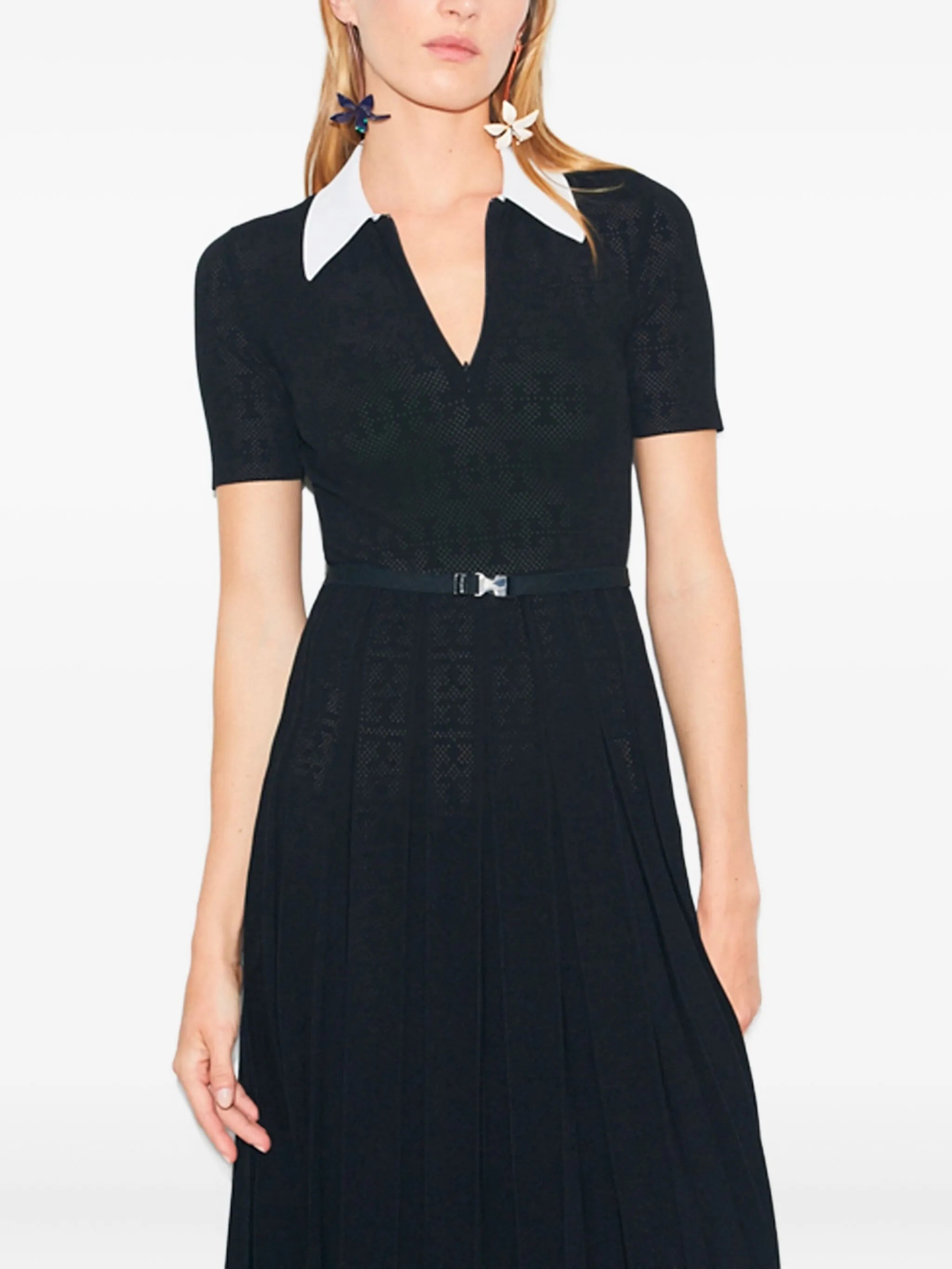 monogram pointelle pleated dress