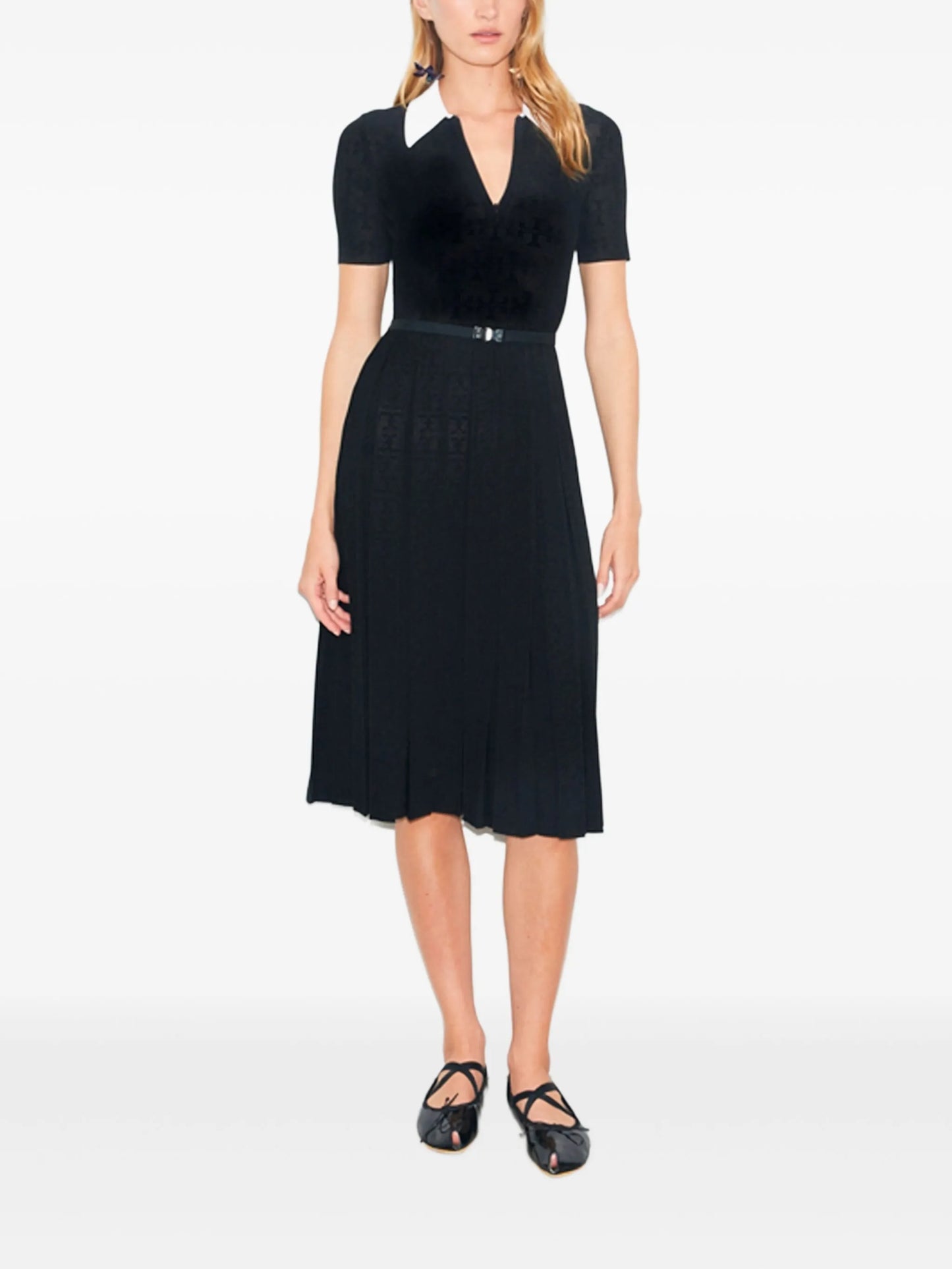 monogram pointelle pleated dress