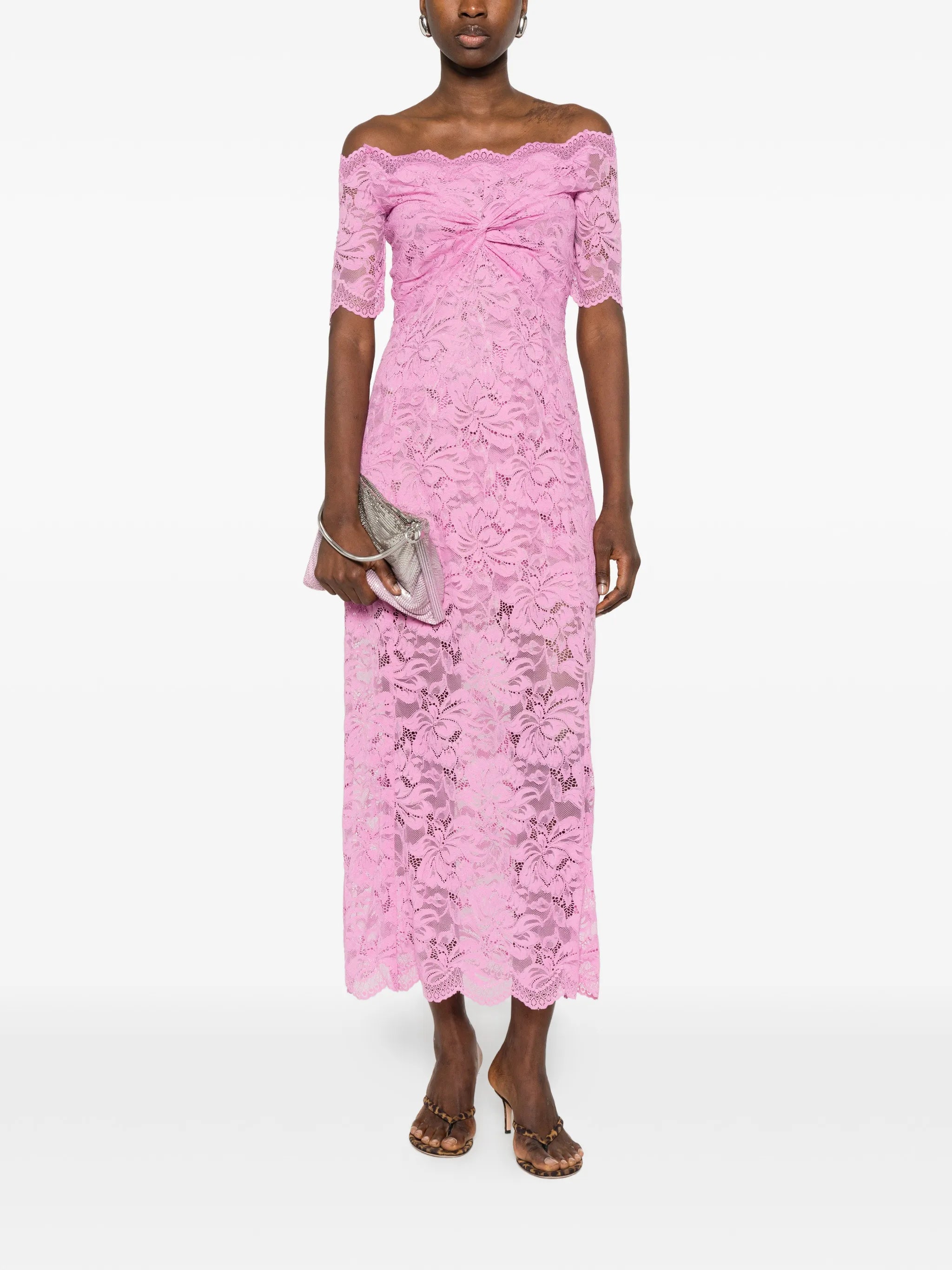 off-shoulder lace midi dress