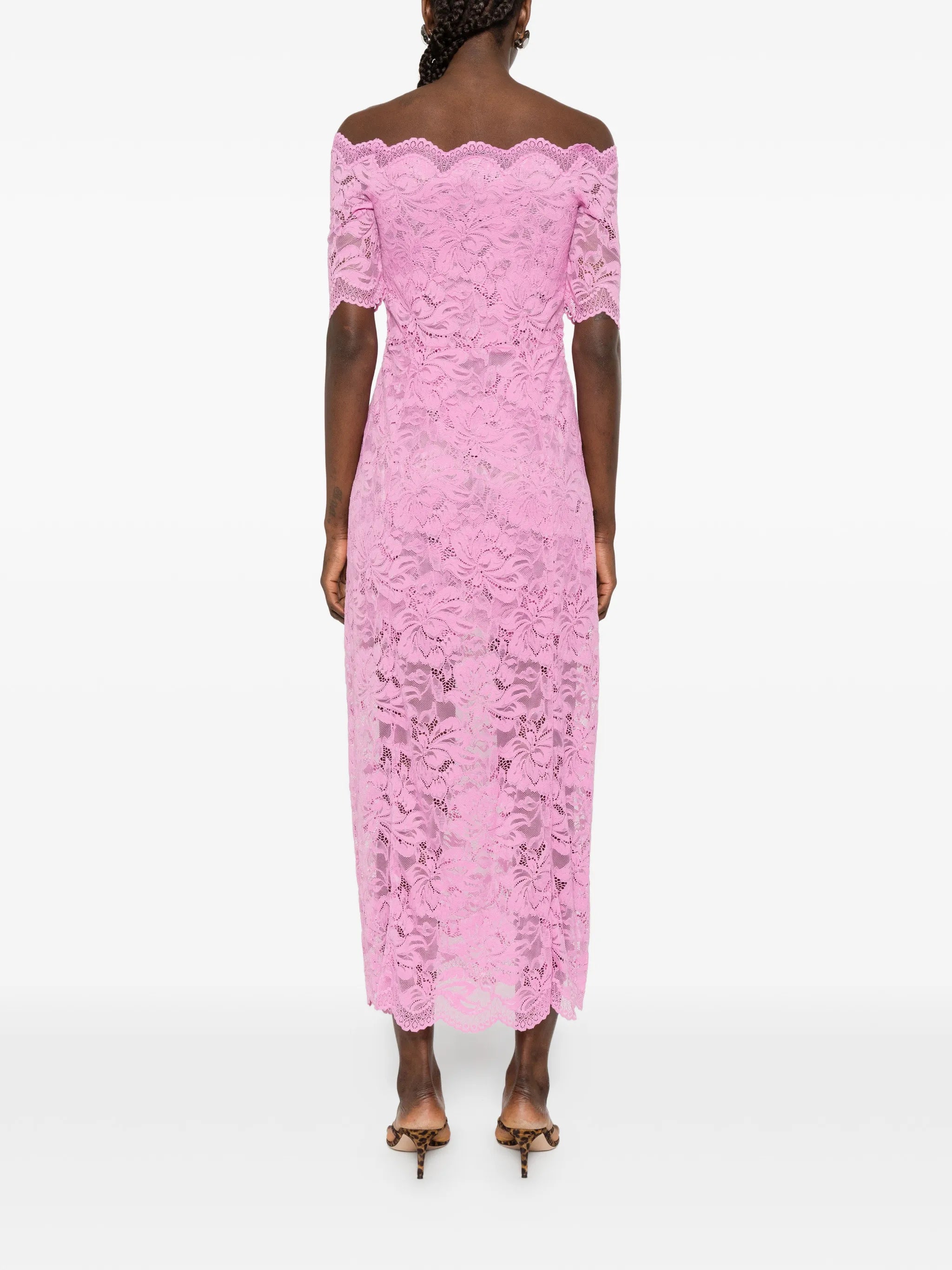 off-shoulder lace midi dress