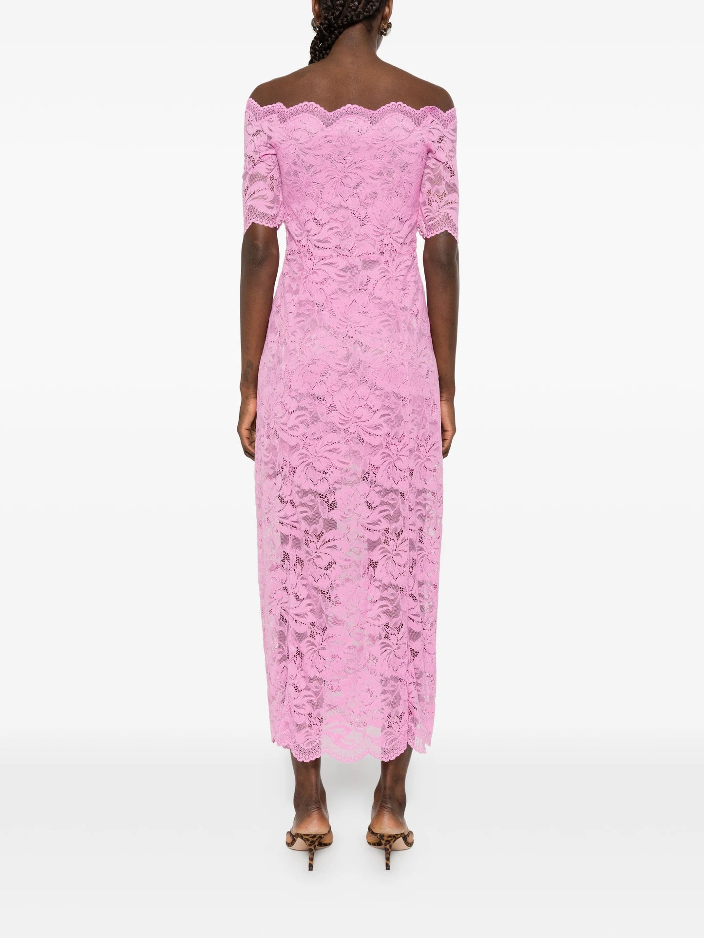 off-shoulder lace midi dress
