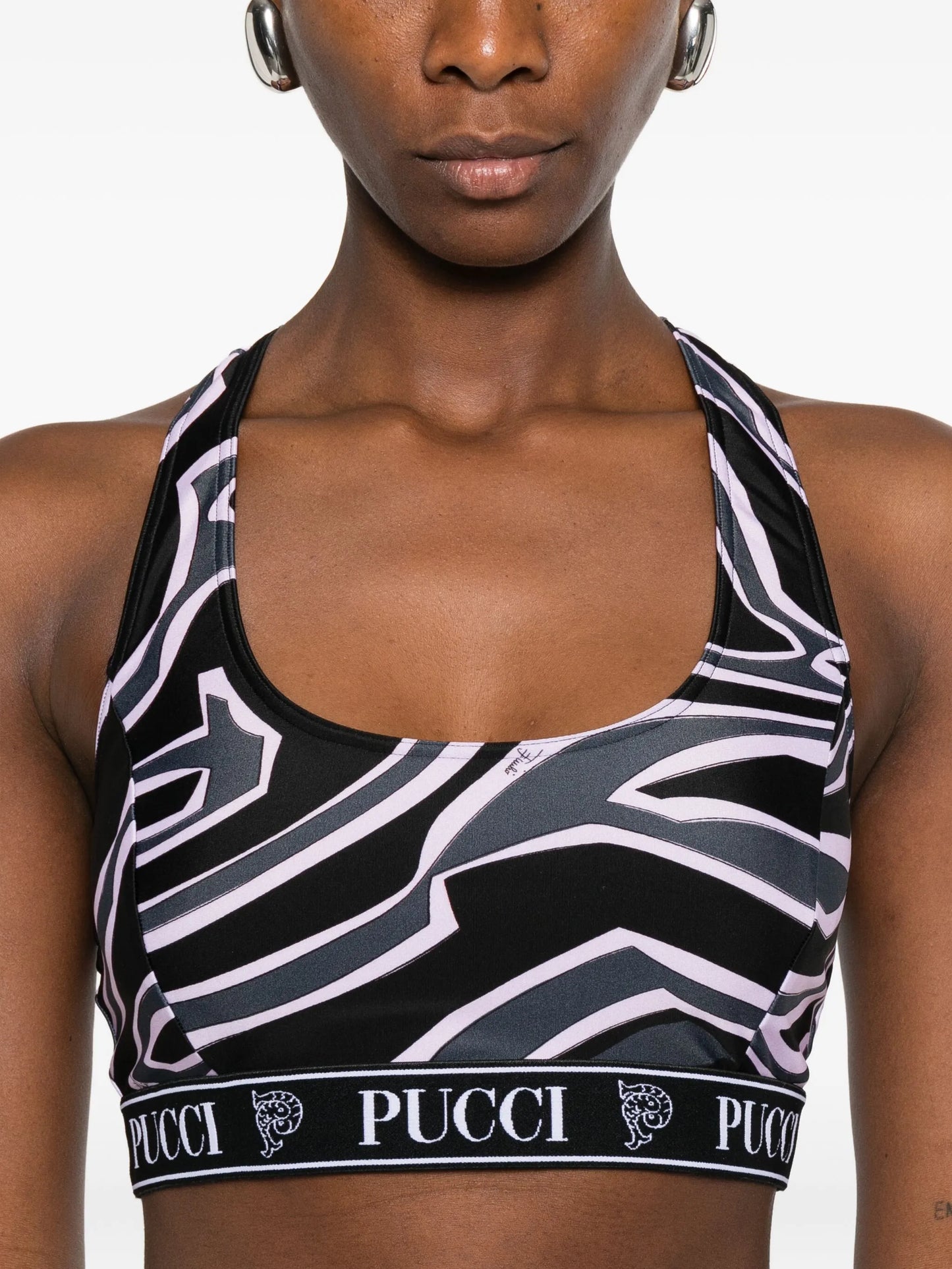 racer-neck print sport bra
