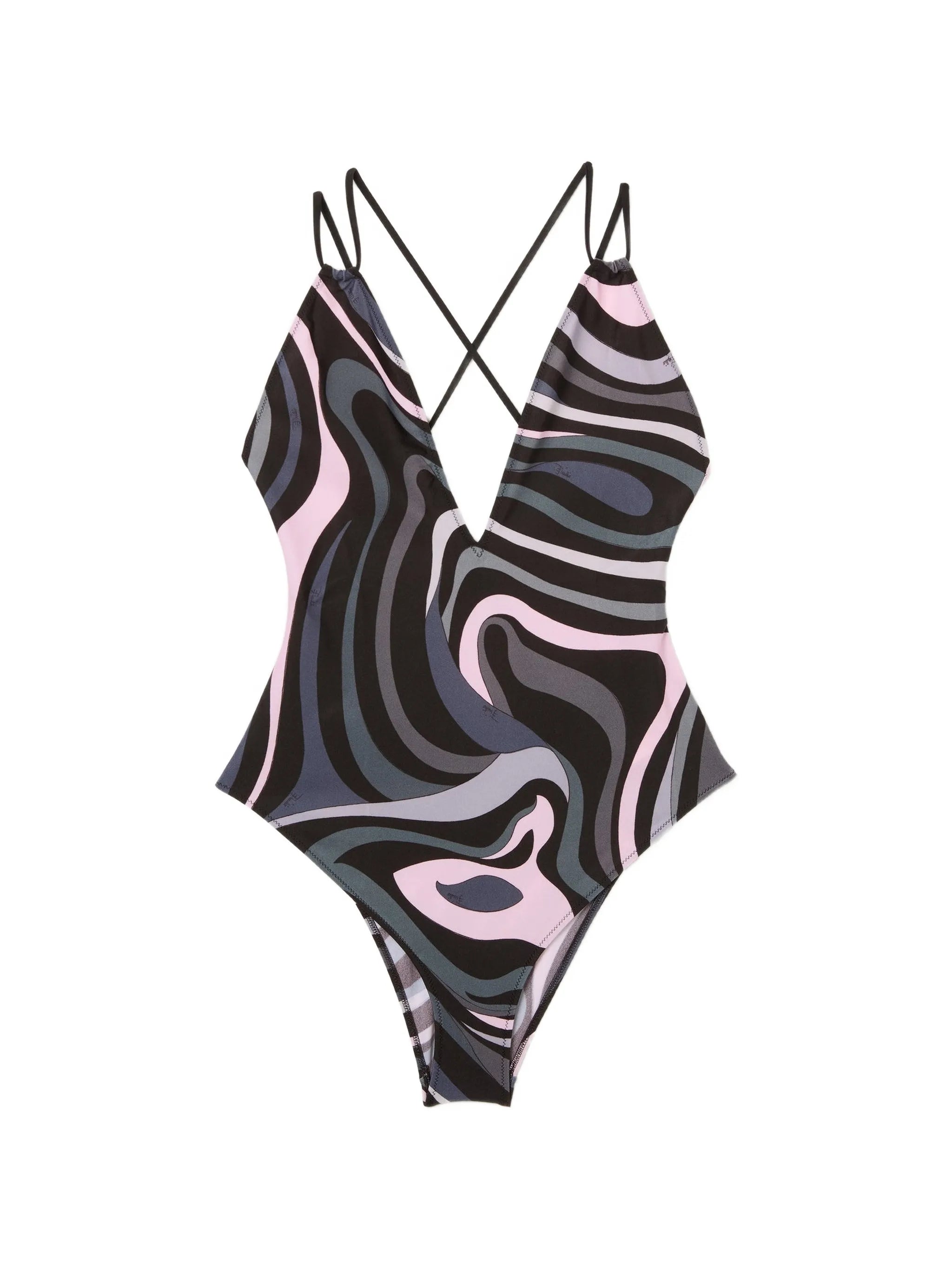 Marmo-print cross-back swirl swimsuit