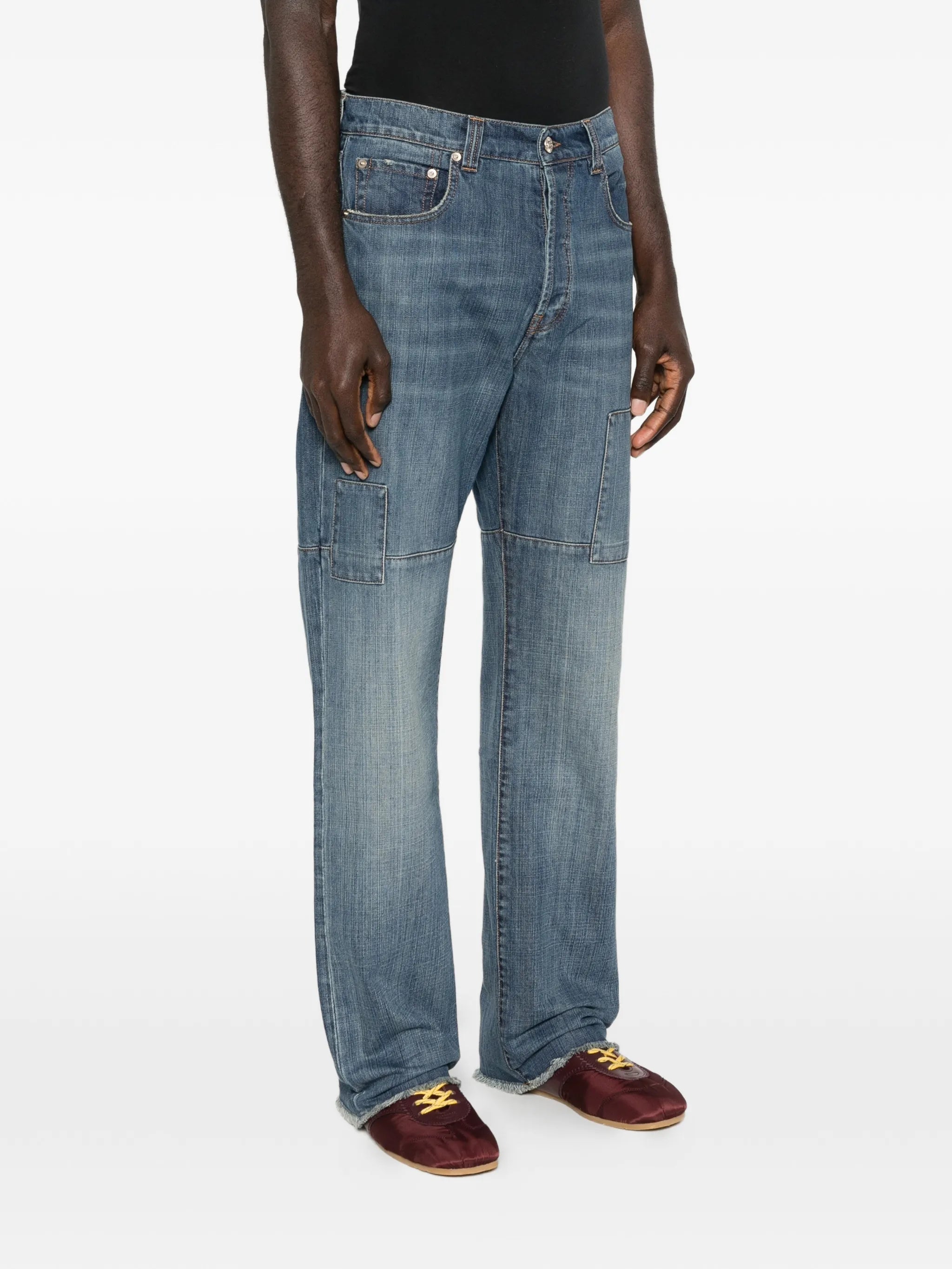 patched slub wide-leg jeans