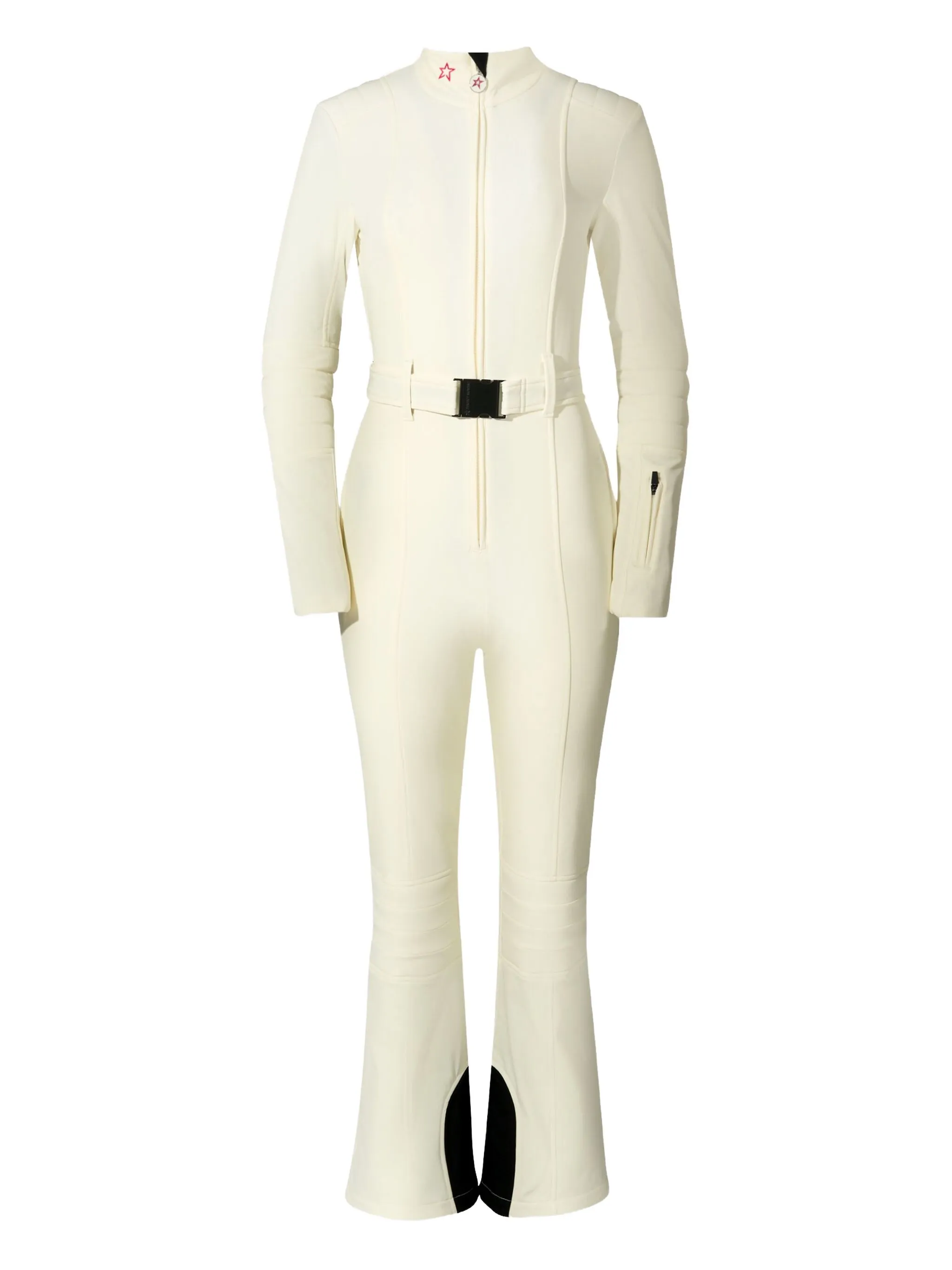 belted zip-up ski suit