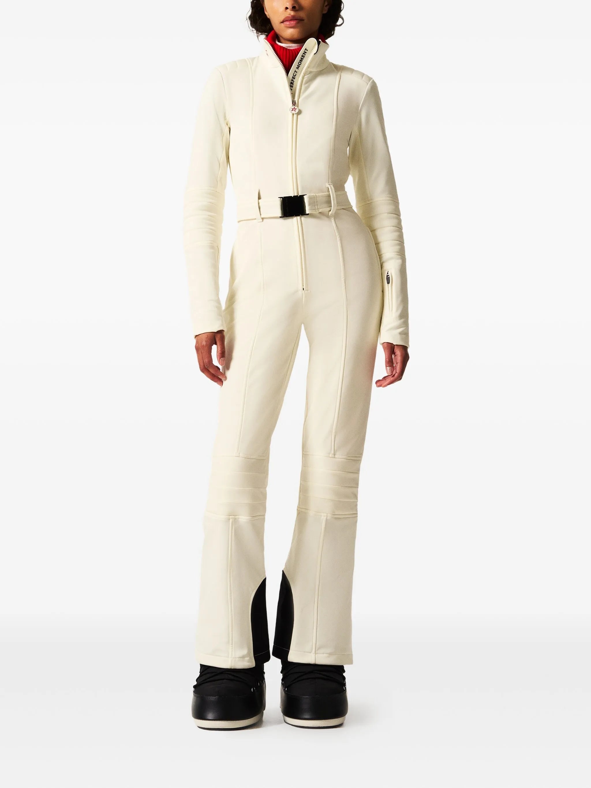 belted zip-up ski suit