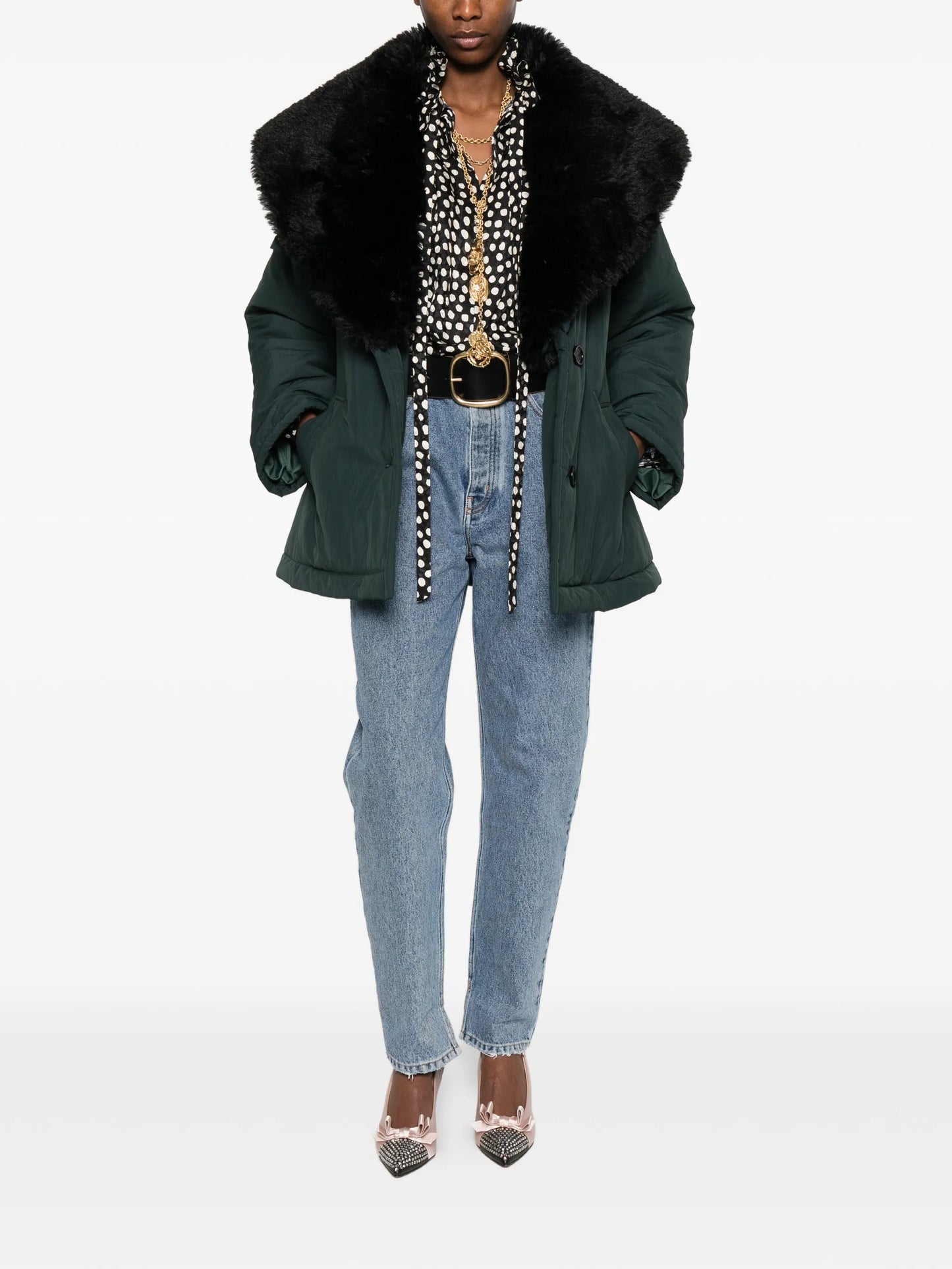 detachable faux-shearling collar belted coat