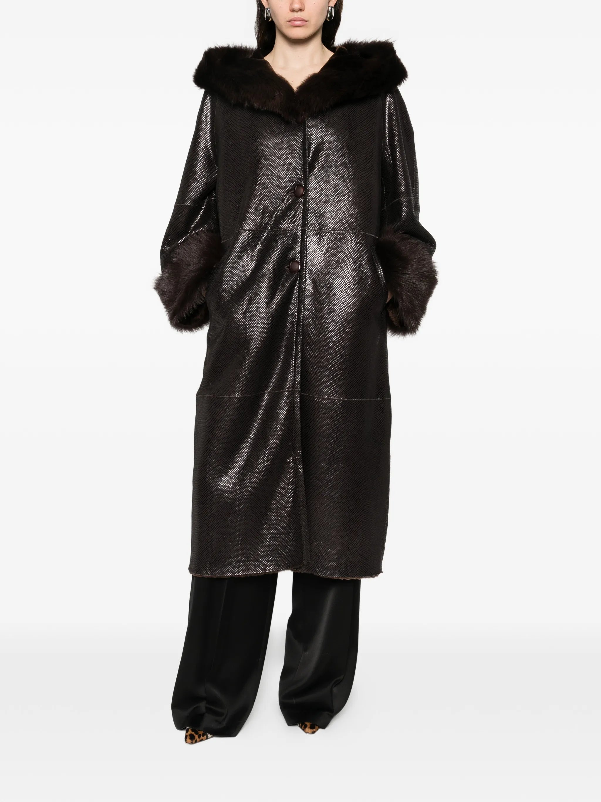 Gancin fur collar leather coat