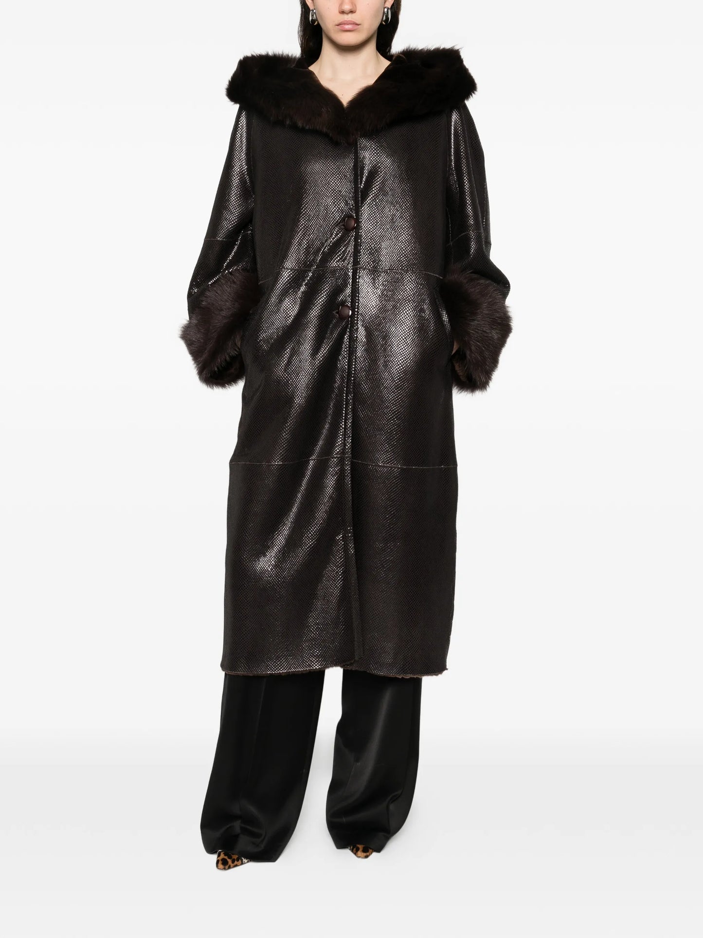 Gancin fur collar leather coat