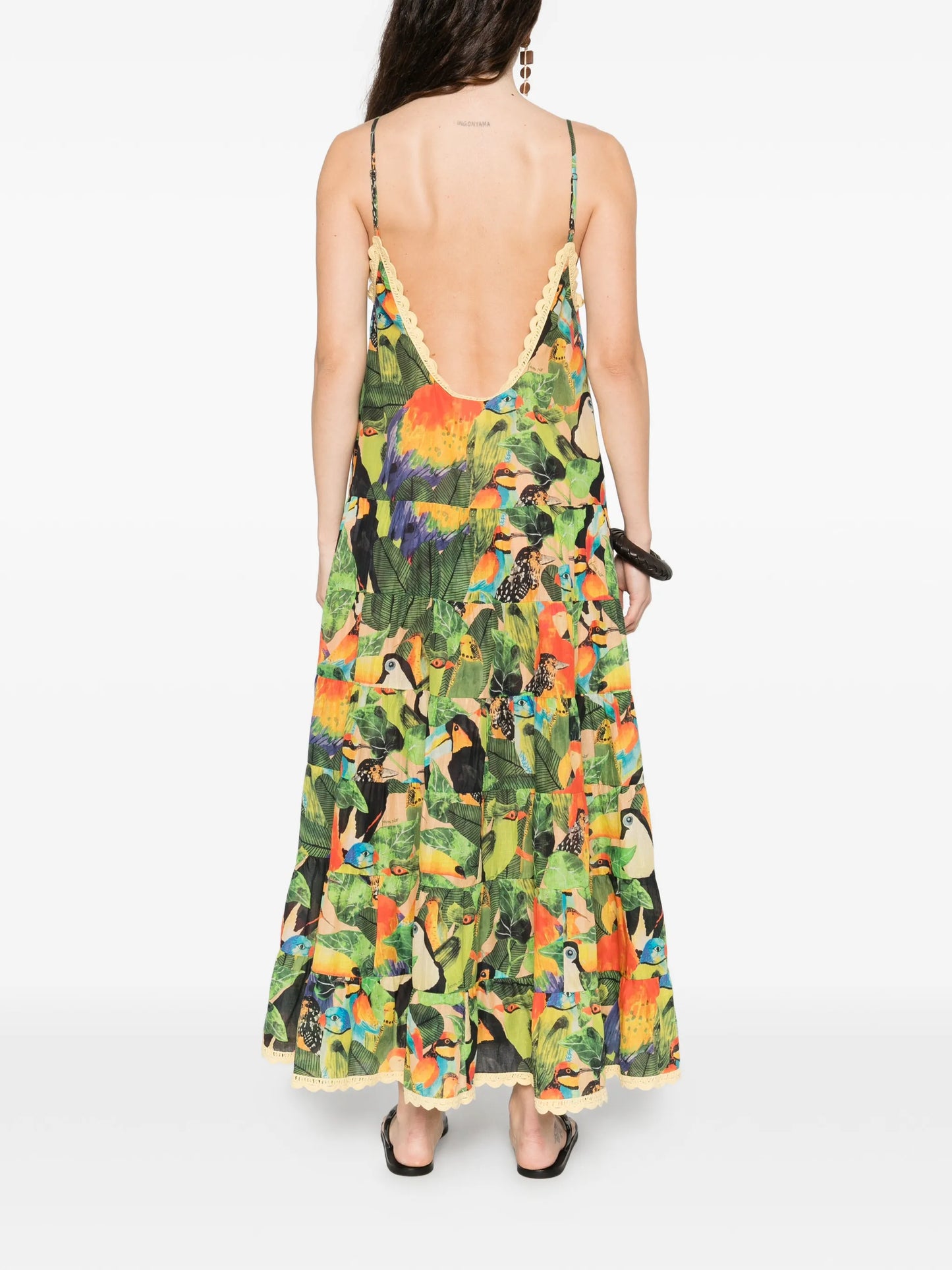 Bird Leaves ruffled maxi dress