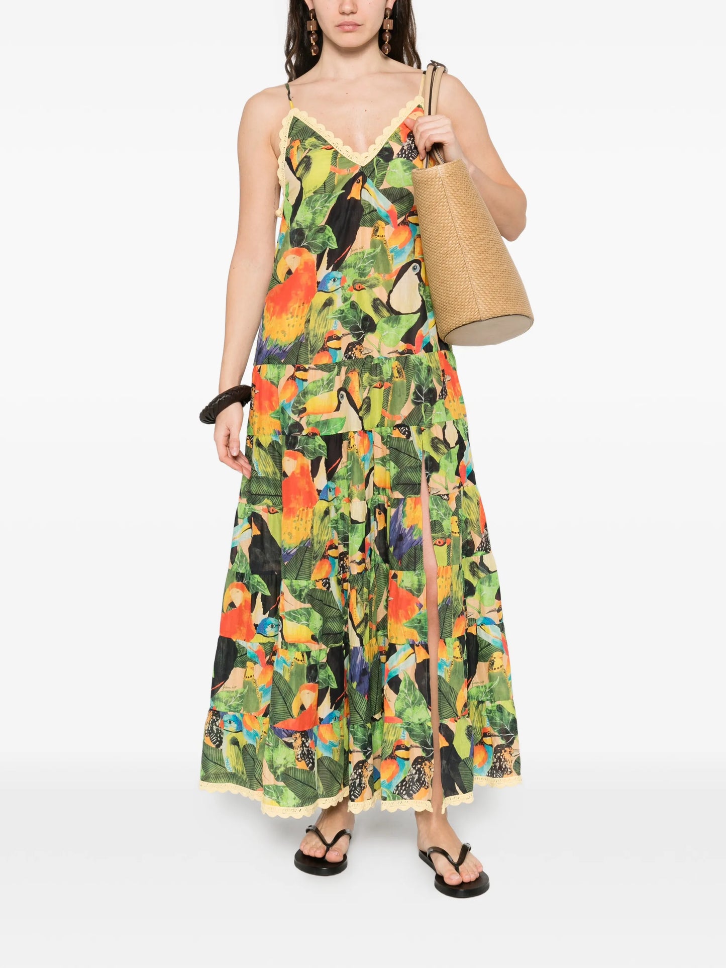 Bird Leaves ruffled maxi dress
