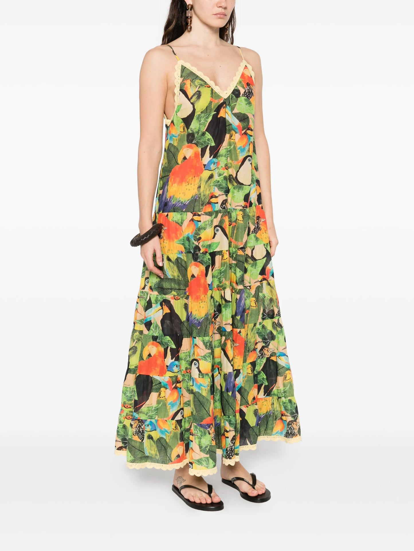 Bird Leaves ruffled maxi dress