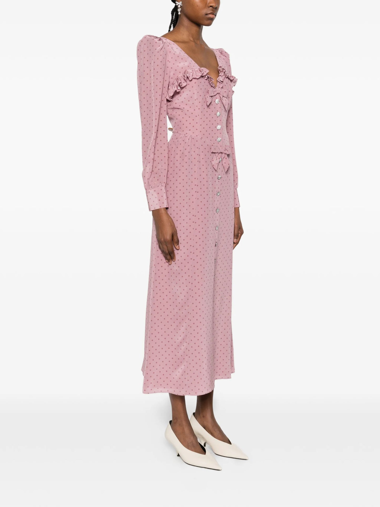 polka-dot ruffled midi dress