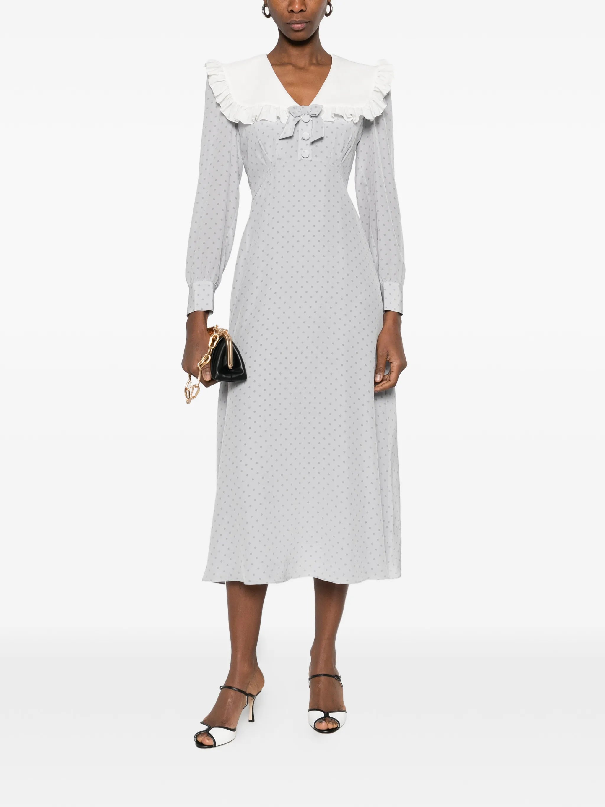 ruffled polka dot midi dress